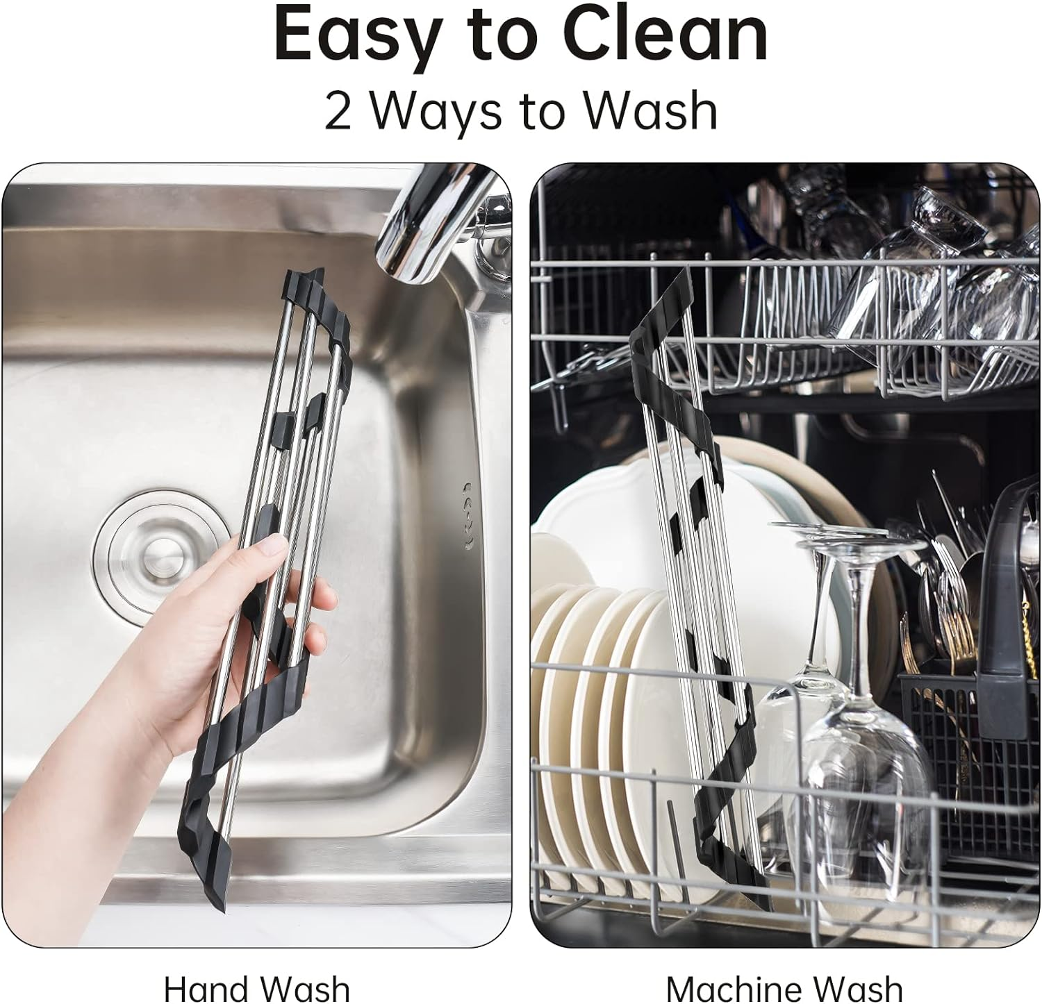 Tomorotec Triangle Roll-Up Dish Drying Rack for Sink Corner Small Foldable Stainless Steel over the Sink Multipurpose Kitchen Drainer Caddy Trivet Rustproof Organizer Storage Space Saver Shelf (Black) - Blue image number 7