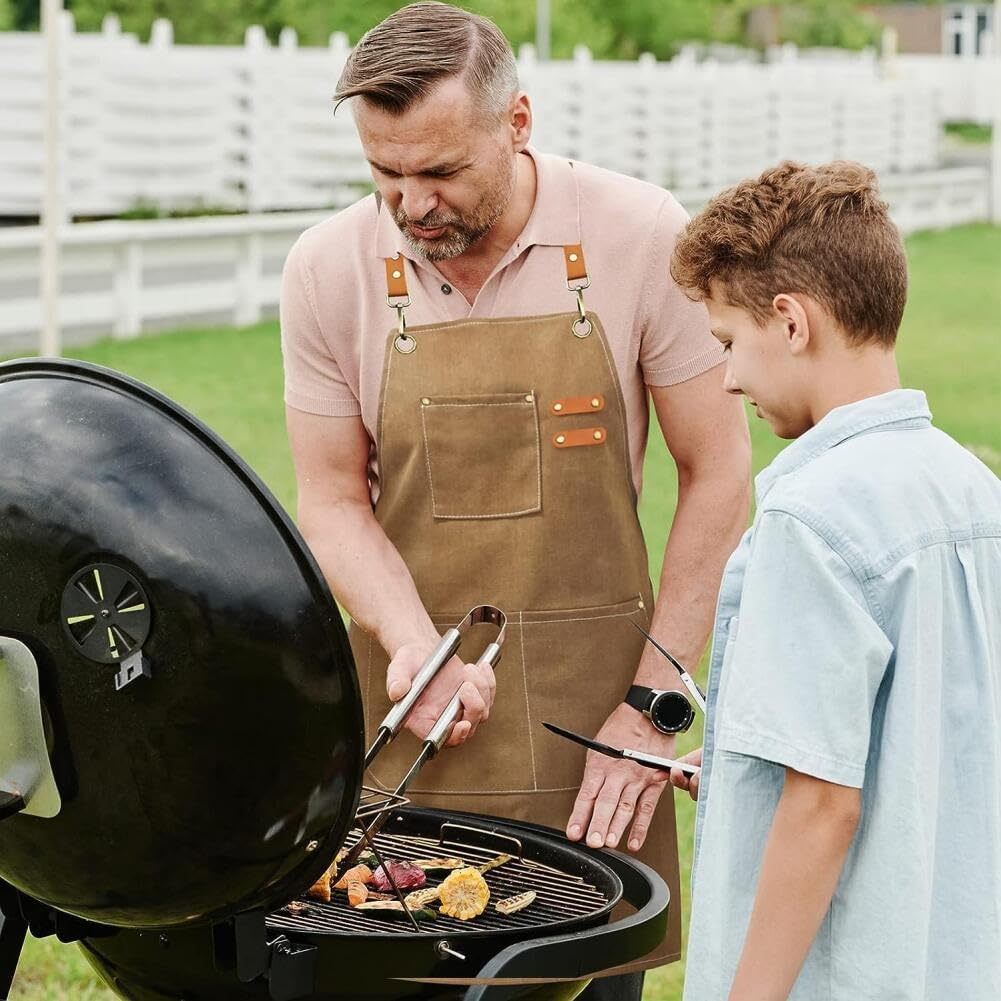 Dolemay Chef Aprons for Men Women,Cotton Canvas Cross Back Apron with Large Pockets & Adjustable Straps Kitchen Cooking Aprons Water-Resistant for BBQ Work Painting Kitchen Gardener Chef Baking image number 2