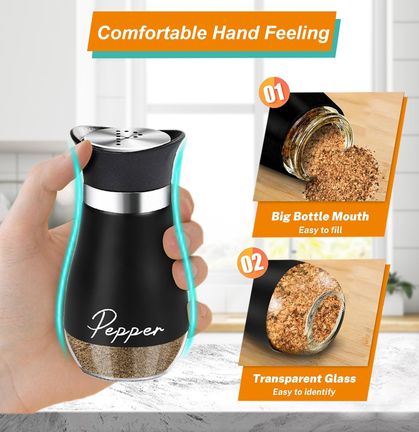 UDQYQ Salt and Pepper Shakers Set with Holder,Cruet Sets Stainless Steel Salt and Pepper with Glass Bottom,Refillable Salt Shaker Kitchen Gadgets for Counter Modern Decor Table (Black + White) - Black + White image number 6