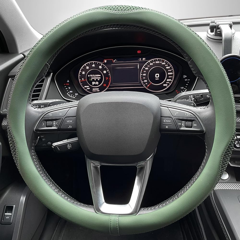 Steering Wheel Cover, Universal 15 Inch, the Latest Microfiber Leather Breathable Technology Fabric, Non-Slip, Comfortable, Warm in Winter and Cool in Summer, Green