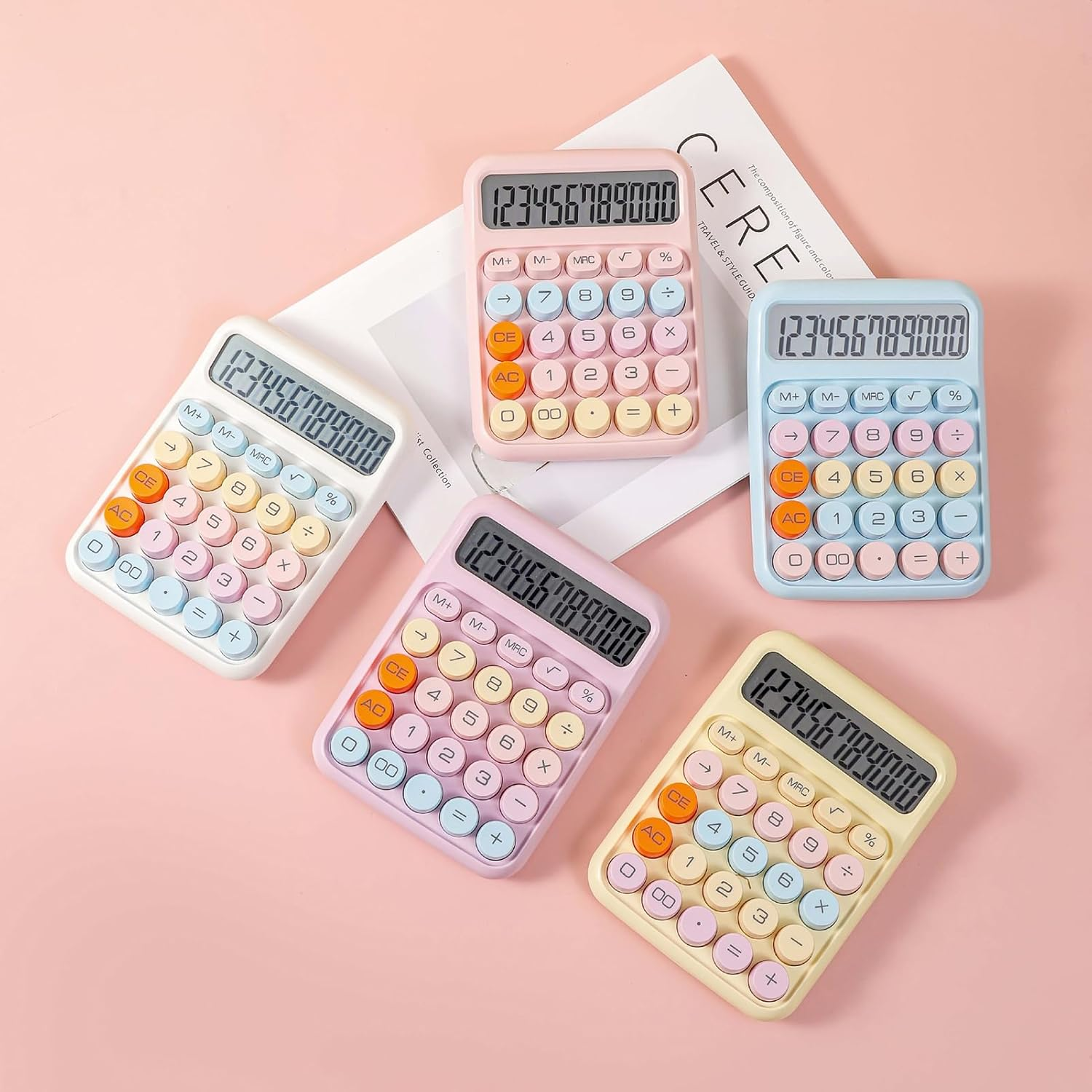 Mechanical Calculator 12 Digit Large LCD Display Big round Button Cute Candy Colored Calculator Suitable for Office School Home for Students Accountant-Yellow - Purple image number 6