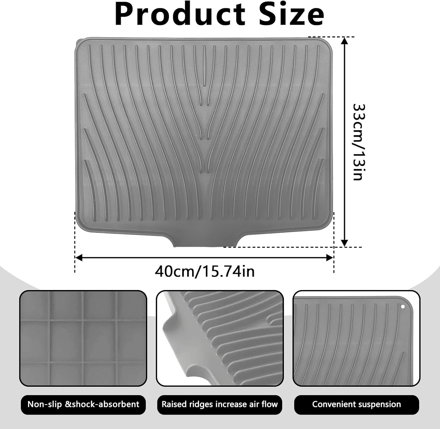 Silicone Dish Drying Mat,Foldable Sloped Silicone Draining Mat with Drain Lip for Kitchen Counter,Multifunctional Non-Slip Drain Pad,Heat-Proof Sturdy Compact Easy to Clean Tray(Grey) image number 2