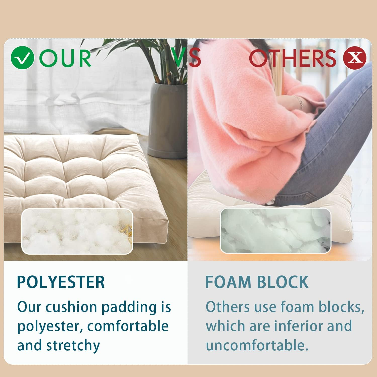 Floor Pillow, Square Meditation Cushion for Seating on Floor Solid Thick Tufted Seat Cushion Meditation Pillow for Yoga Living Room Bed Balcony Sofa Outdoor, Beige, Cushion 22X22 Inch - Darkgrey image number 6