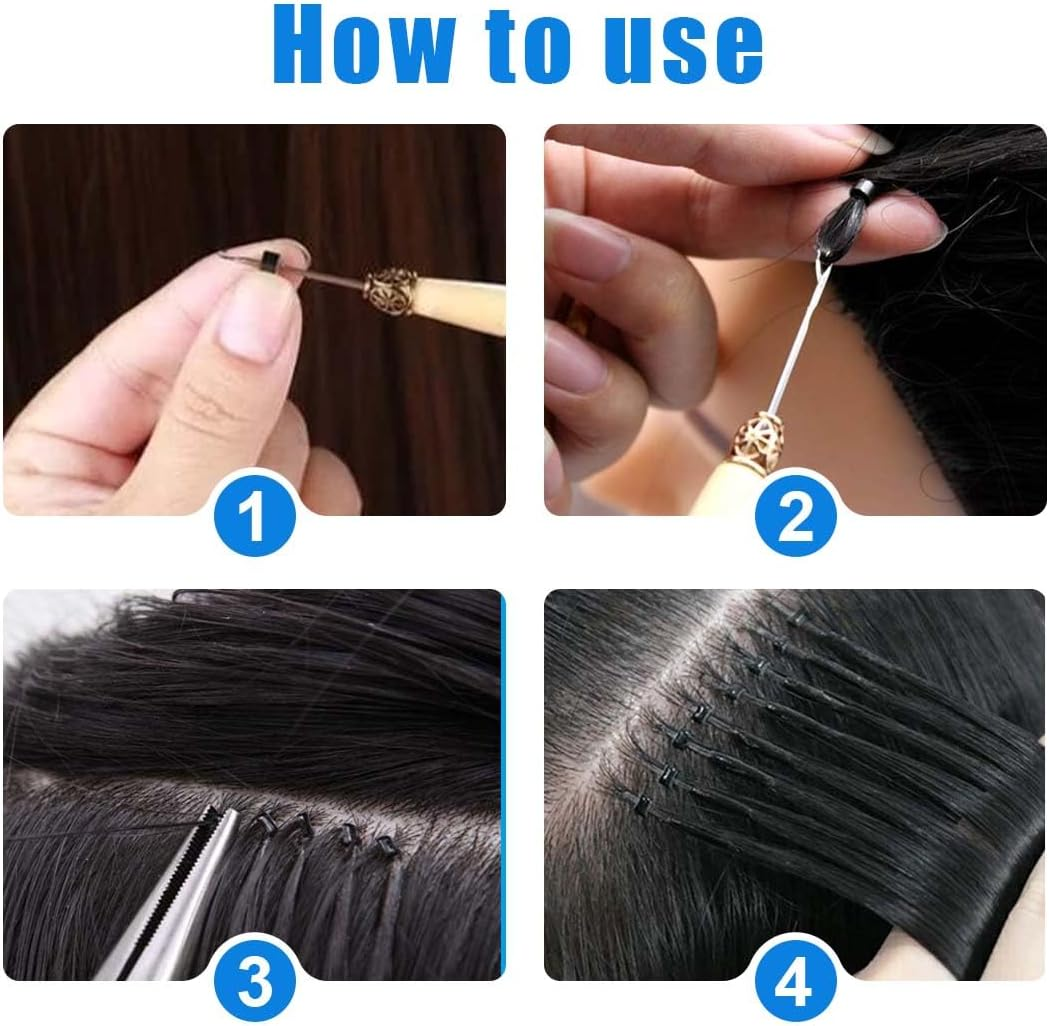 GXGM Micro Ring Extensions Real Hair Micro Ring Hair Extension Set with 1 Micro Ring Hair Pliers 1 Piece Micro Ring Needle Threader 1 Pull Hook and 100 Pieces Micro Rings for Hair Extension