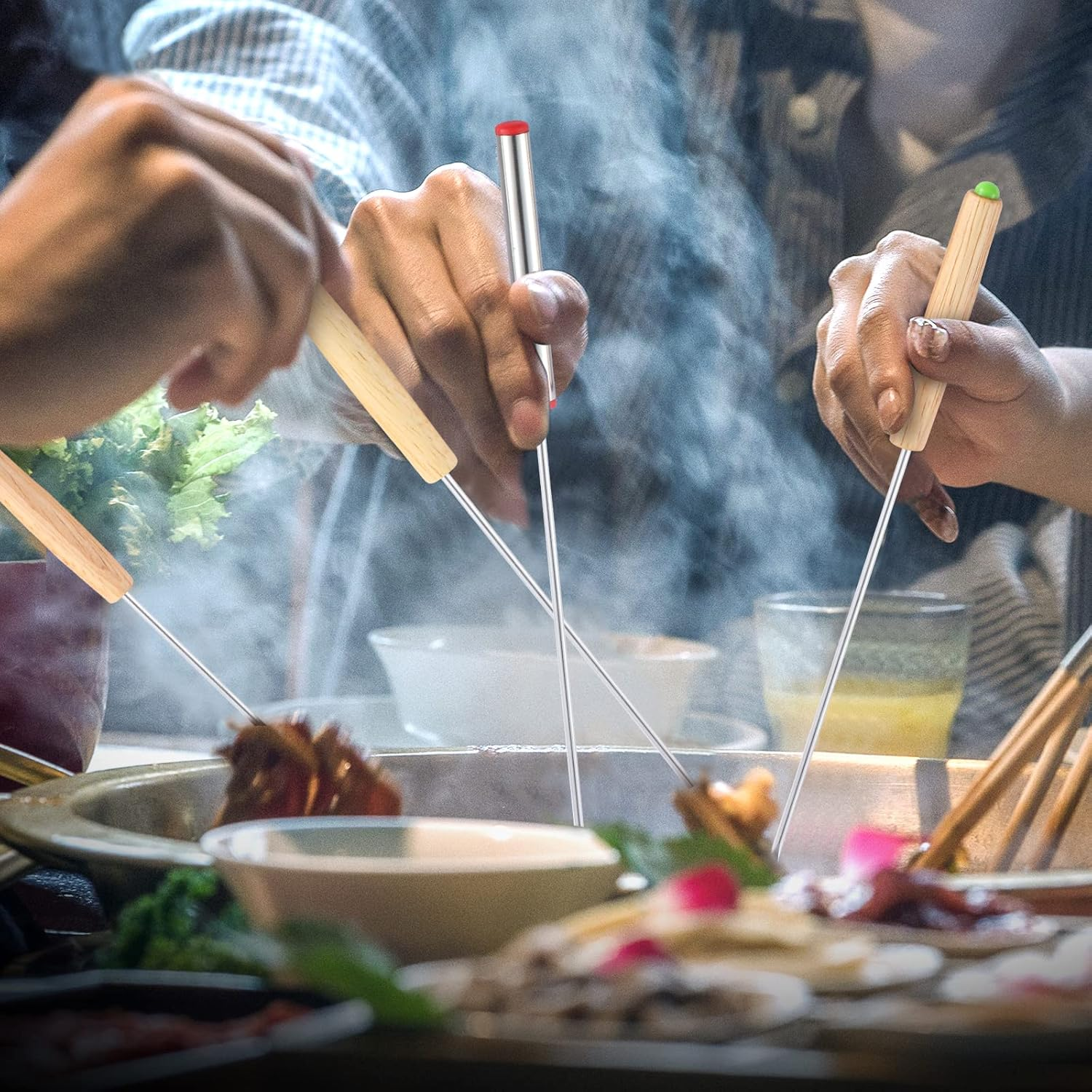 24 Pack 9.6 Inch Stainless Steel Fondue Forks, 12 Wood Handles and 12 Stainless Steel Handles, Heat Resistant Smores Sticks for Roast Meat Chocolate Dessert Cheese Marshmallows (6 Colors) image number 3