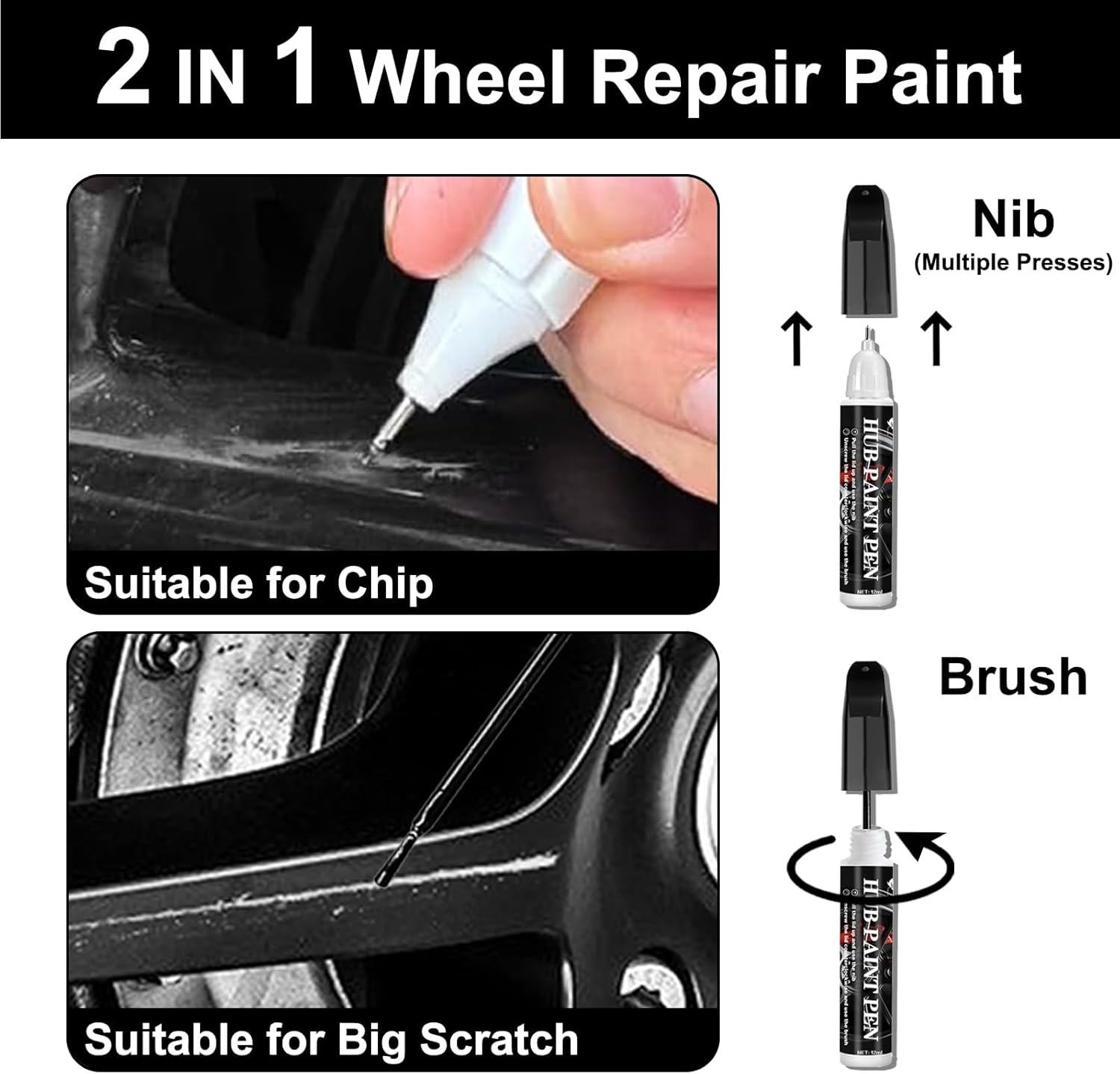 Matte Black Hub Touch up Paint Pen, Professional Wheel Scratch Repair Spray Paint, Quick & Easy, Universal Color for Rims image number 1