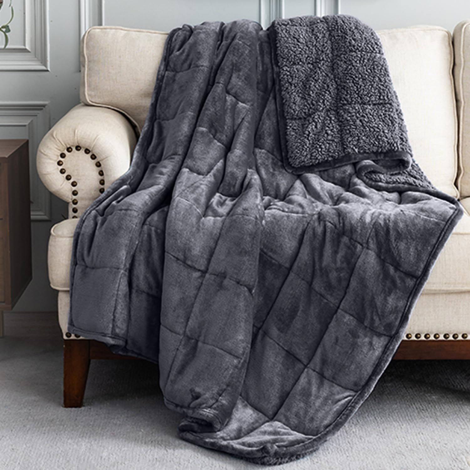 BUZIO Sherpa Fleece Weighted Blanket 9 Kg for Adult, Unicolor Ultra-Soft Fleece and Sherpa, Dual Sided Cozy Plush Blanket for Sofa Bed, 150 X 200 Cm, Grey