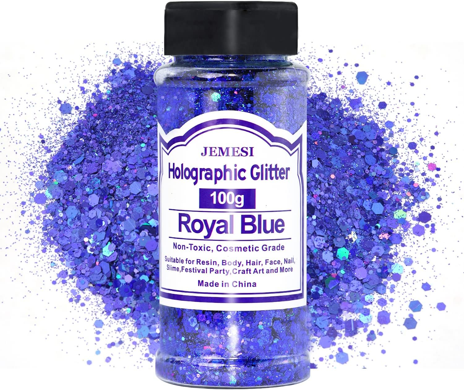 Holographic Chunky Glitter, 100G Royal Blue Cosmetic Craft Glitter for Epoxy Resin, Nail Sequins Iridescent Flakes, Body, Face, Hair, Nail, Glitter Slime Making image number 4