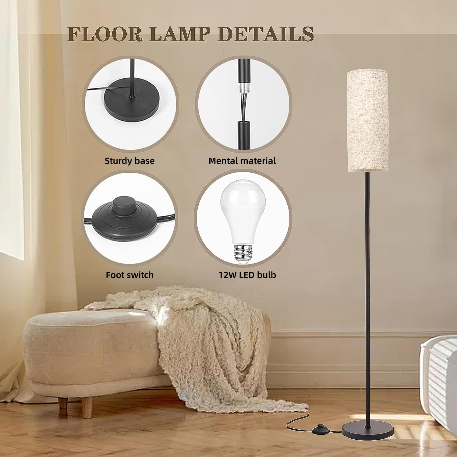 WAMBORY Floor Lamp for Living Room, Dimmable Standing Lamps with 12W 3 Color Temperatures Bulb, Minimalist Pole Lamp with Foot Switch, Elegant Tall Floor Lamps for Bedroom, Office, Kid Room image number 5
