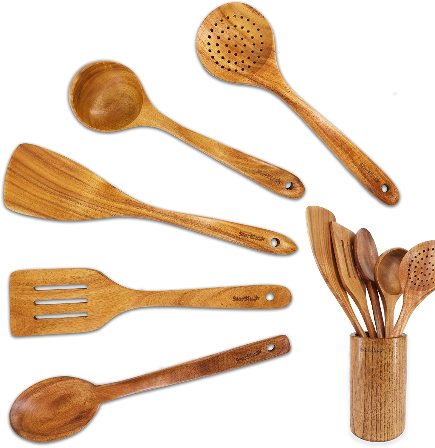 6 Pieces Acacia Wooden Cooking Utensils Set by Starblue &ndash; Non-Scratching and Durable Spatulas for Non-Stick Cookware &ndash; Eco-Friendly and Ergonomic Wooden Spatula and Spatula Holder Set image number 2