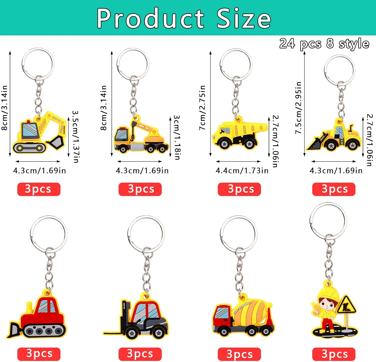 24 Pcs Construction Truck Keyring Keychain Pendant for Kid, Construction Birthday Party Favors Pendant Engineering Vehicle Theme Party Bag Filler, Construction Vehicles Party Favors Supply image number 1