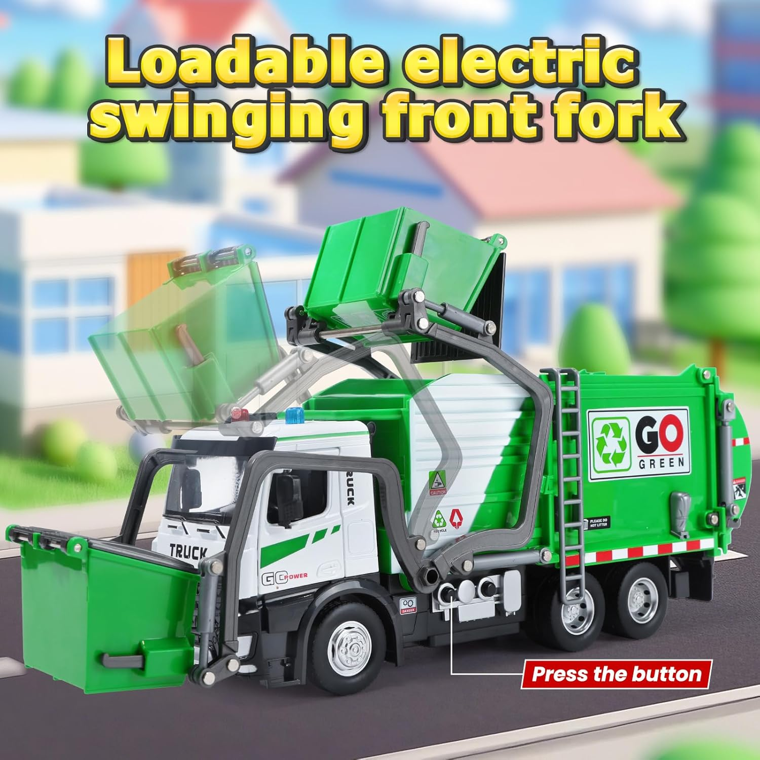 HOLYFUN 12'' Electric Garbage Truck Set with Lights & Sounds, Front Loader, Metal Cab, Friction-Powered Vehicle Cars with Dumpster, 4 Trash Bins & Sorting Cards, Play Truck Toy Kids Toddlers image number 3