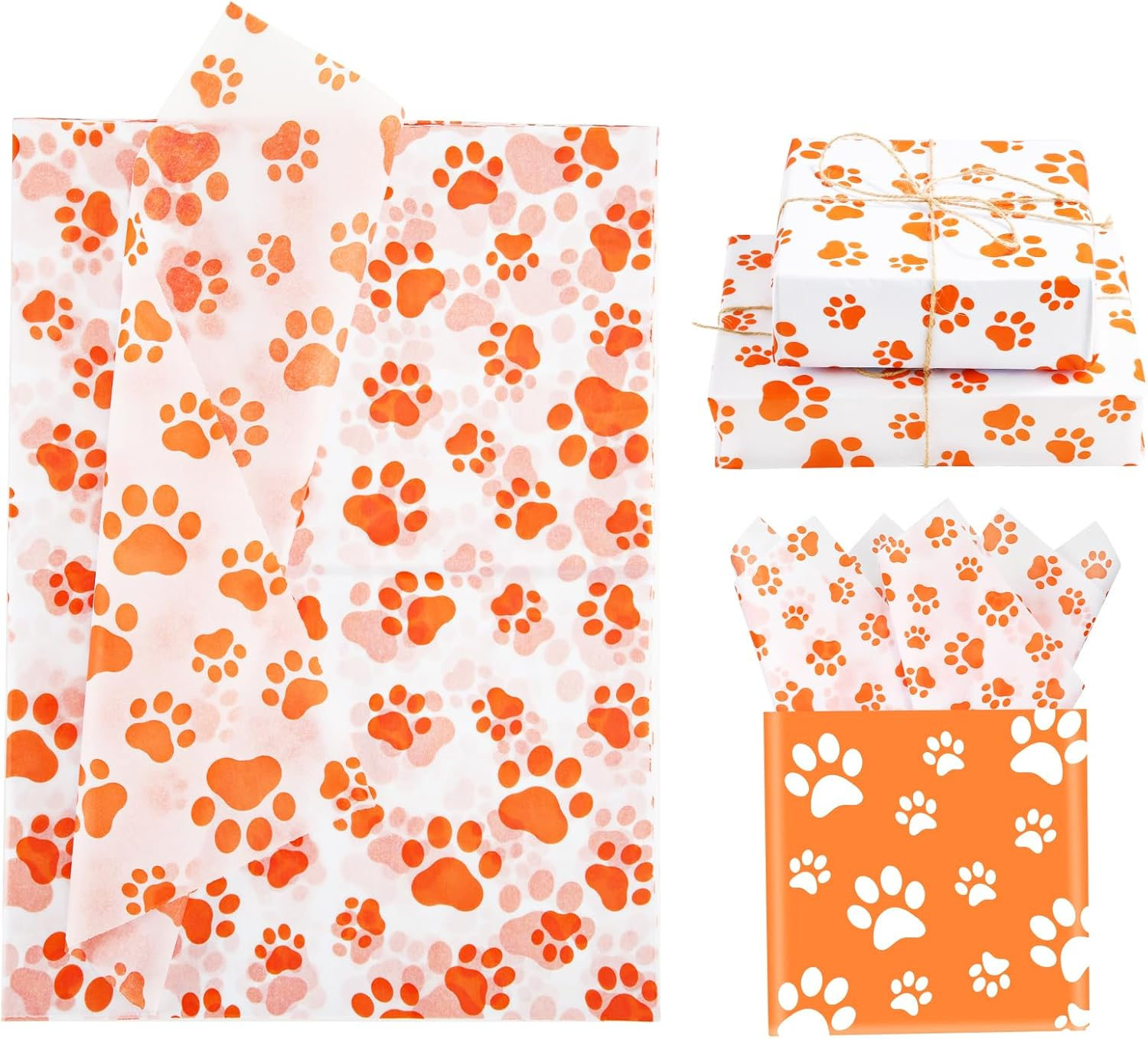 30 Tissue Paper Sheets, 14X20 Inch Dog Paw Tissue Paper Gift Wrap Paper for Gift Bag Packaging Christmas Wedding Birthday Party Art DIY Crafts Supplies (Orange)