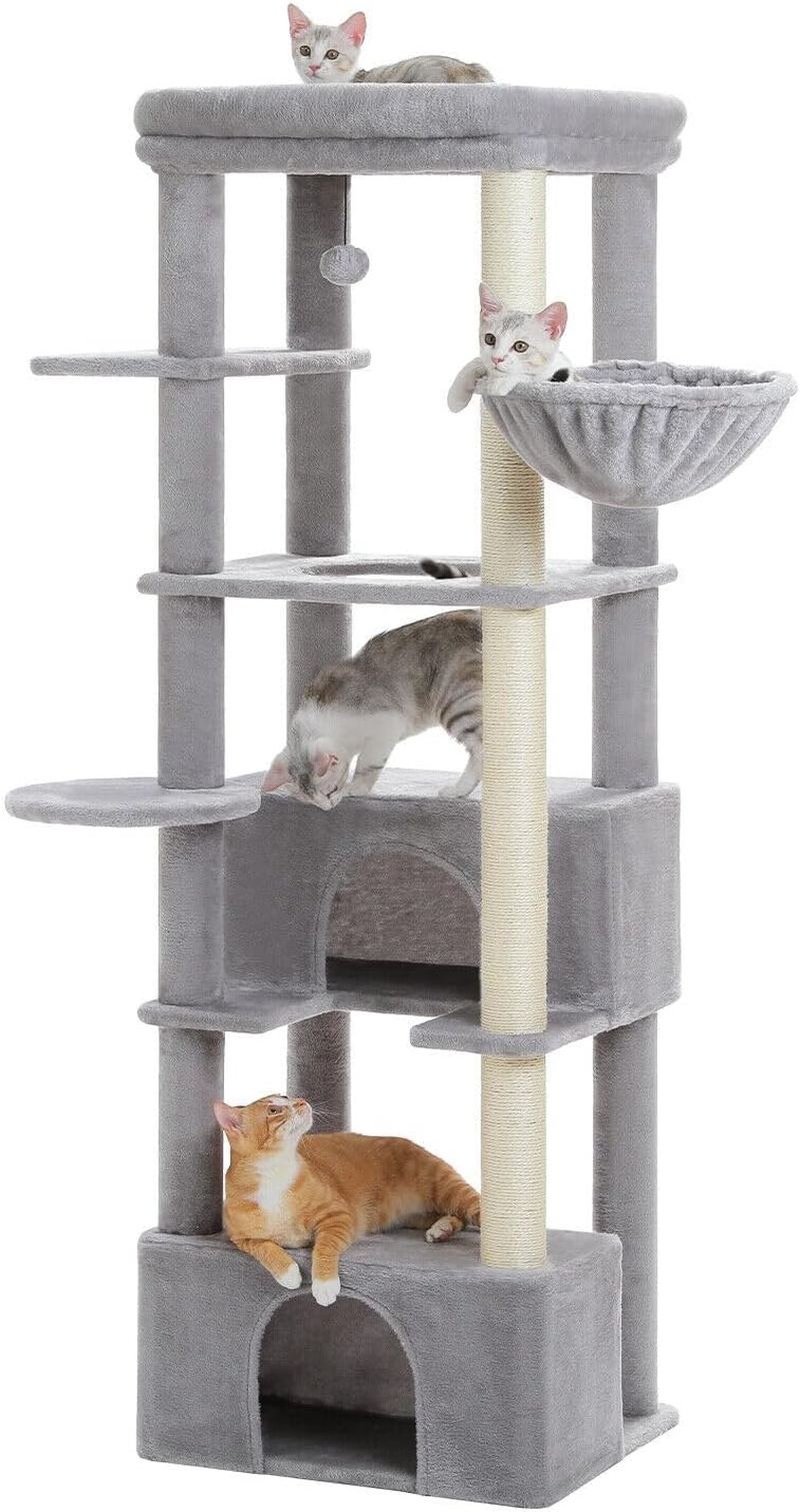 PAWZ Road Cat Tree for Large Cats, 170Cm Cat Tower for Indoor Kitten,Multi-Level Cat Furniture with Large Condo,Spacious Top Perch(53X43Cm), Cozy Hammock(Dia=35Cm), Cats Scratching Post. Grey