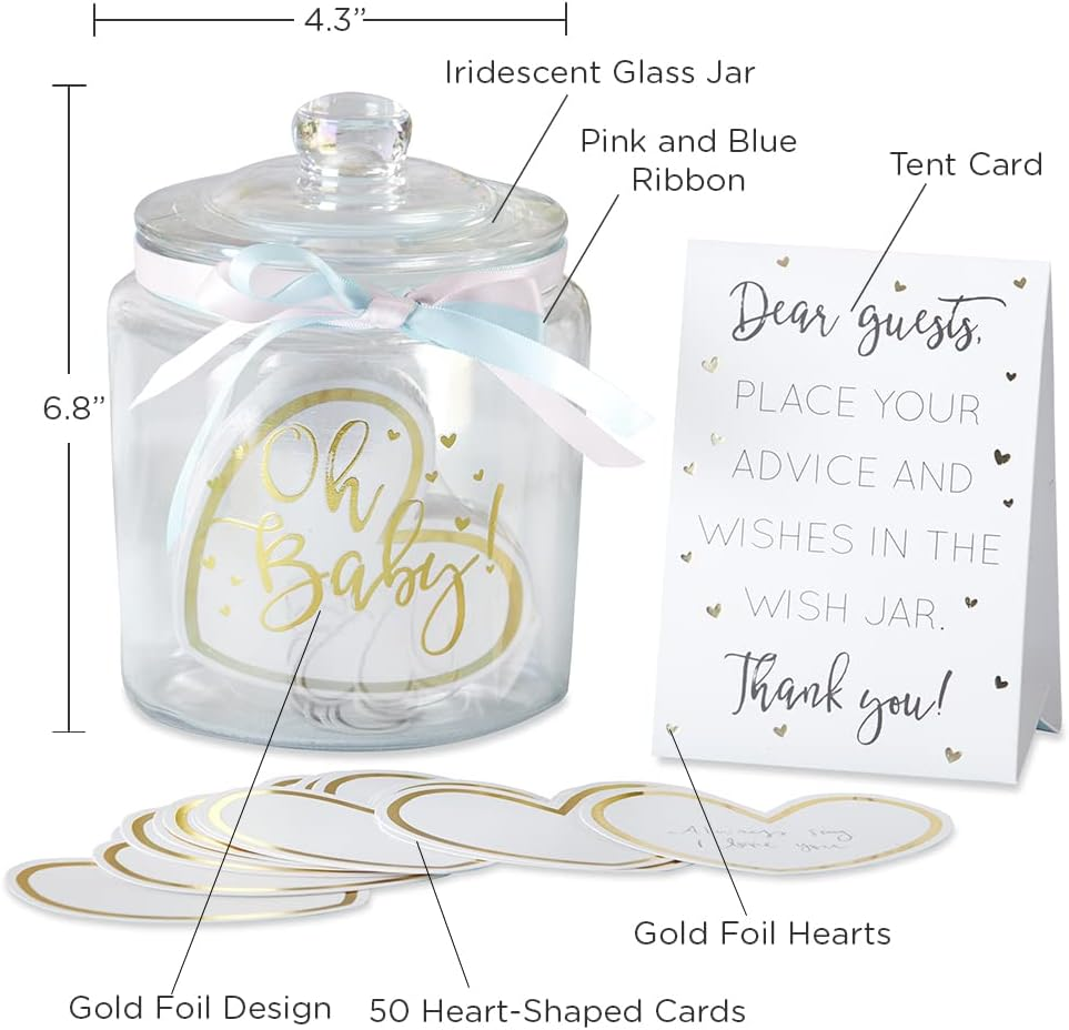 Kate Aspen Iridescent Baby Shower Decorations, Wishes for the Baby Jar with 50 Heart Shaped Advice Cards Guest Book, Iridescent Decor, Oh Baby image number 2