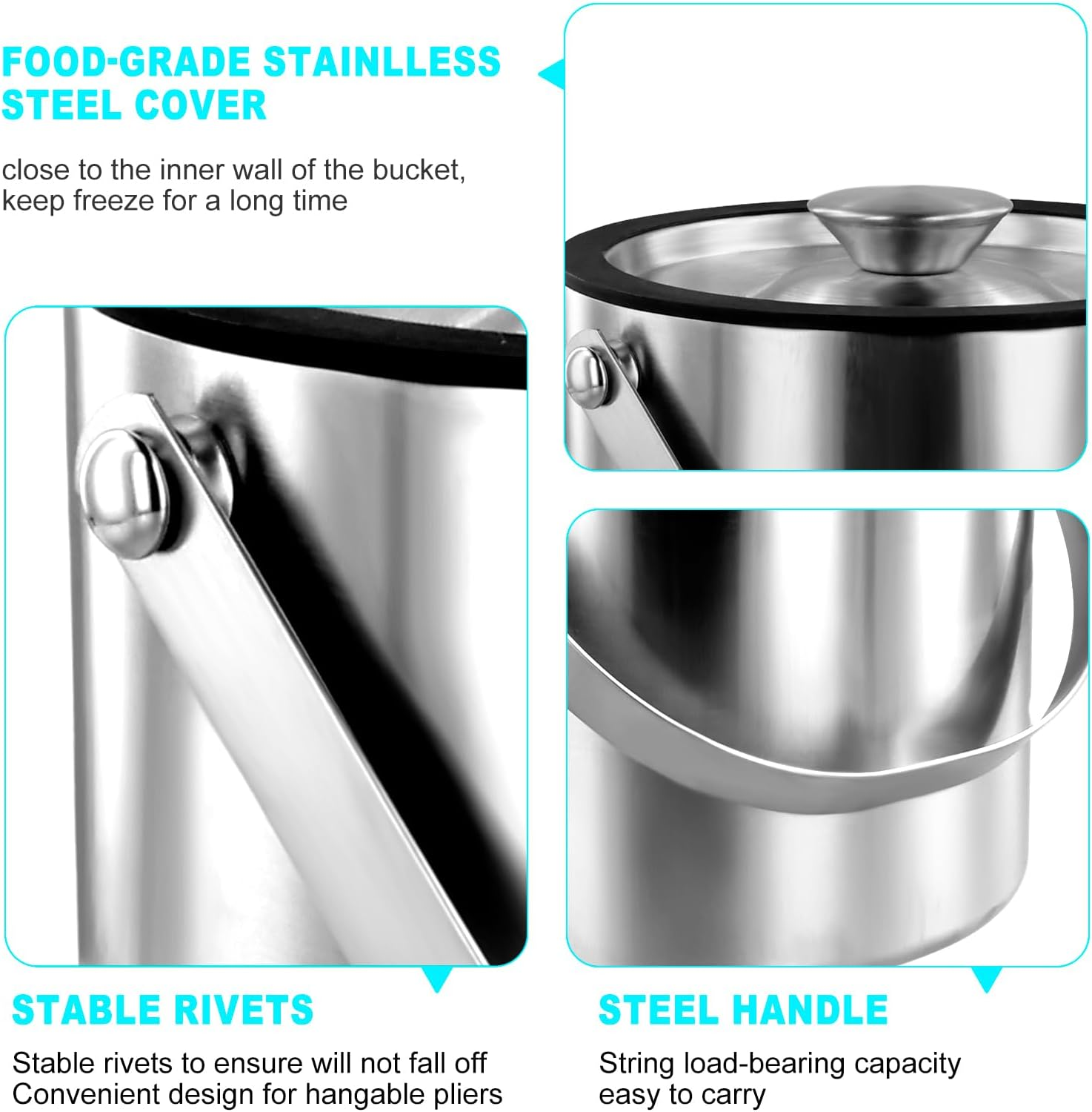 Ice Cube Bucket,Stainless Steel Ice Bucket,Bar Accessories Ice Bucket,Double Walled Stainless Steel Ice Bucket,Good Sealing Insulated Ice Bucket for Cocktail Bar Parties (2.0L) image number 6
