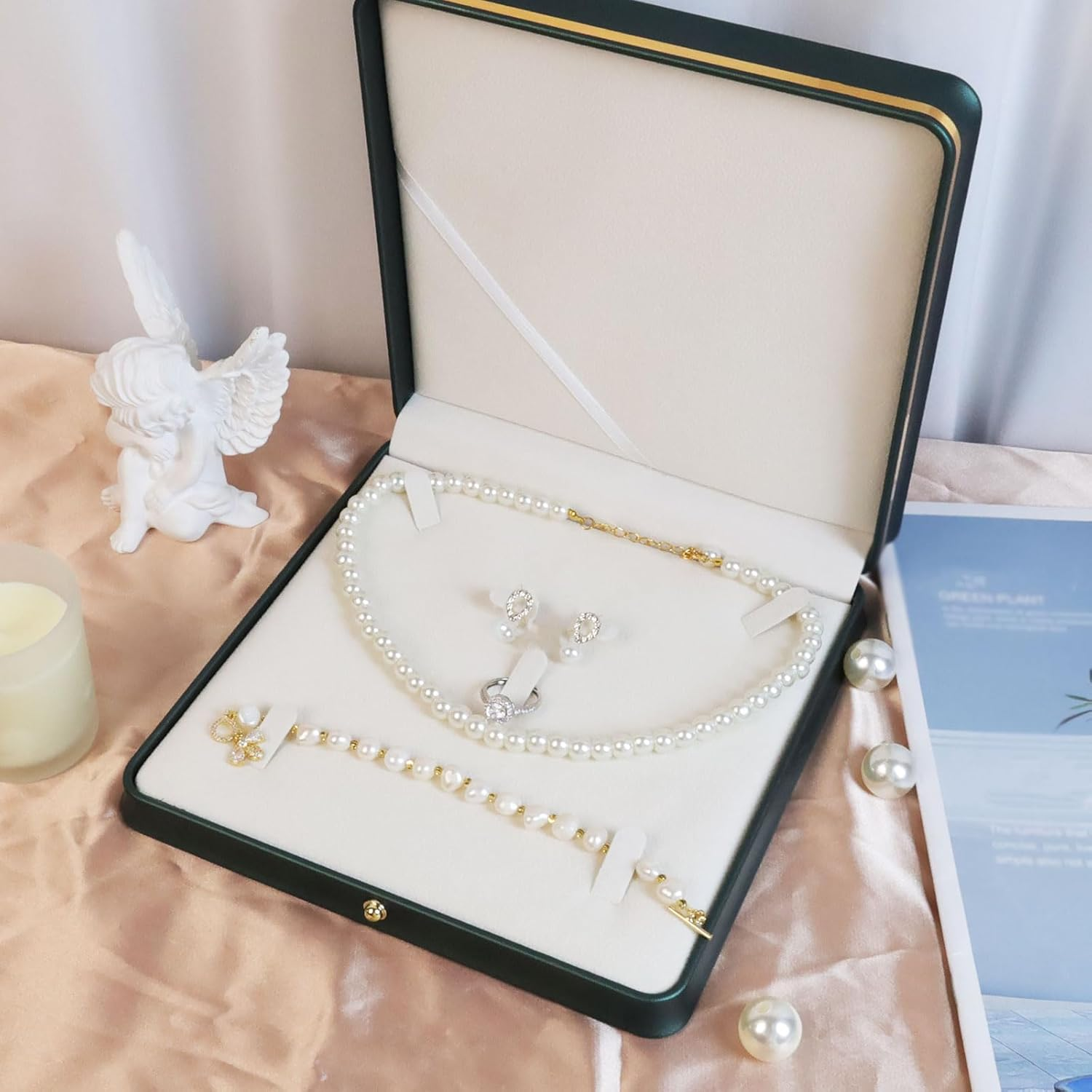 MY MIRONEY Big PU Leather Wedding Jewelry Sets Box Blackish Green Necklace Earring Ring Display Case Bracelet Storage Holder Jewelry Box Storage Organizer (7.48" X 7.48" X 1.57") image number 5