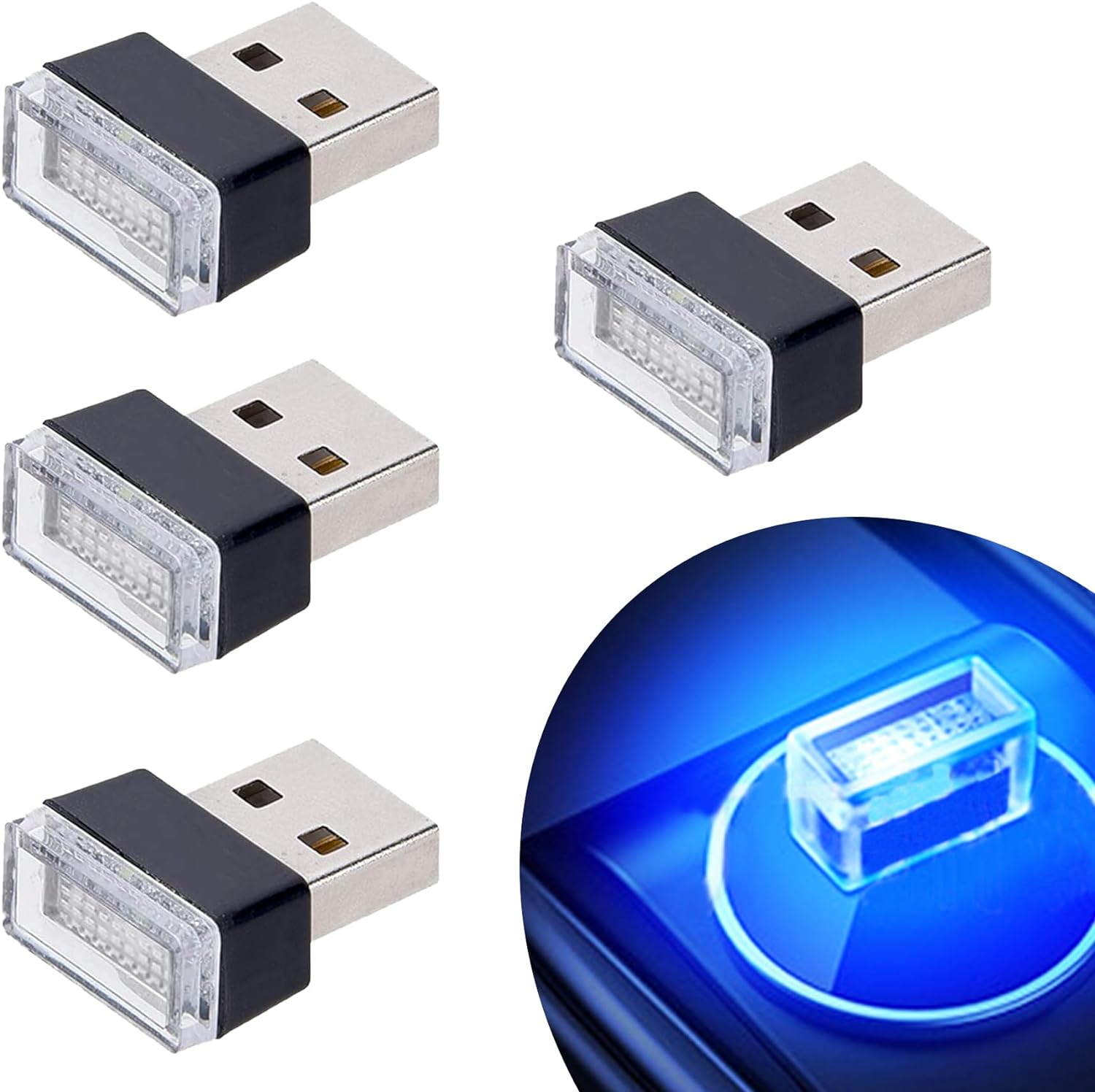 Febrytold 4Pcs Blue USB Car Interior Atmosphere Lamps, Universal Mini Led USB Lights for Car Decoration, Lighting