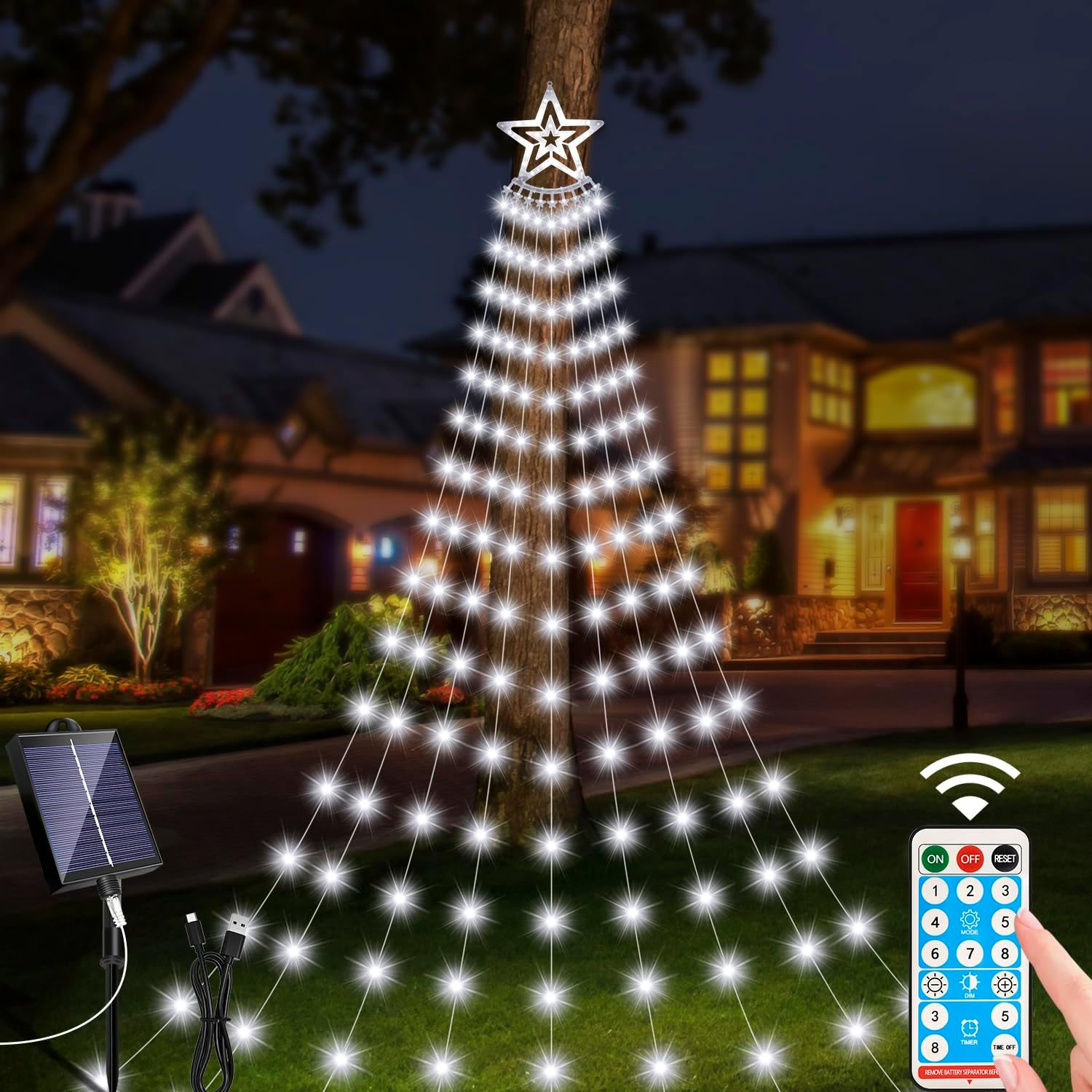 HELESIN Solar Outdoor Christmas Lights, 3.5M 350Leds Christmas Decoration Waterfall String Lights Outdoor, 8 Modes Waterproof Tree Toppers Fairy Light with Timer for Xmas New Year(Multicolor)