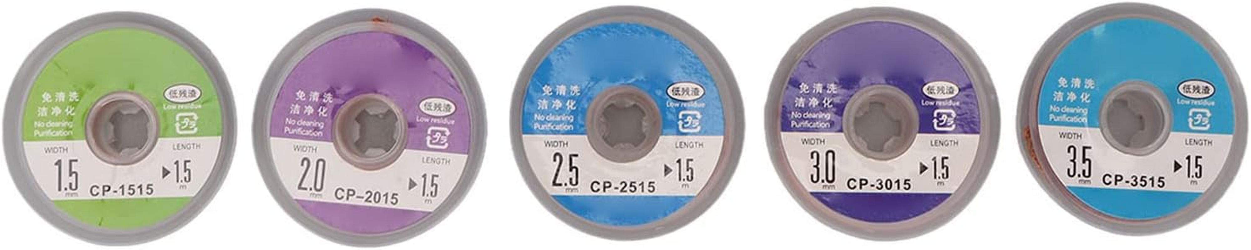 Solder Wick, 5 Pieces 1.5Mm 2Mm 2.5Mm 3Mm 3.5Mm Width 1.5M Length Solder Wick Braid Multi Color Copper Soldering Wick Wire Roll Welding Tool Set image number 4