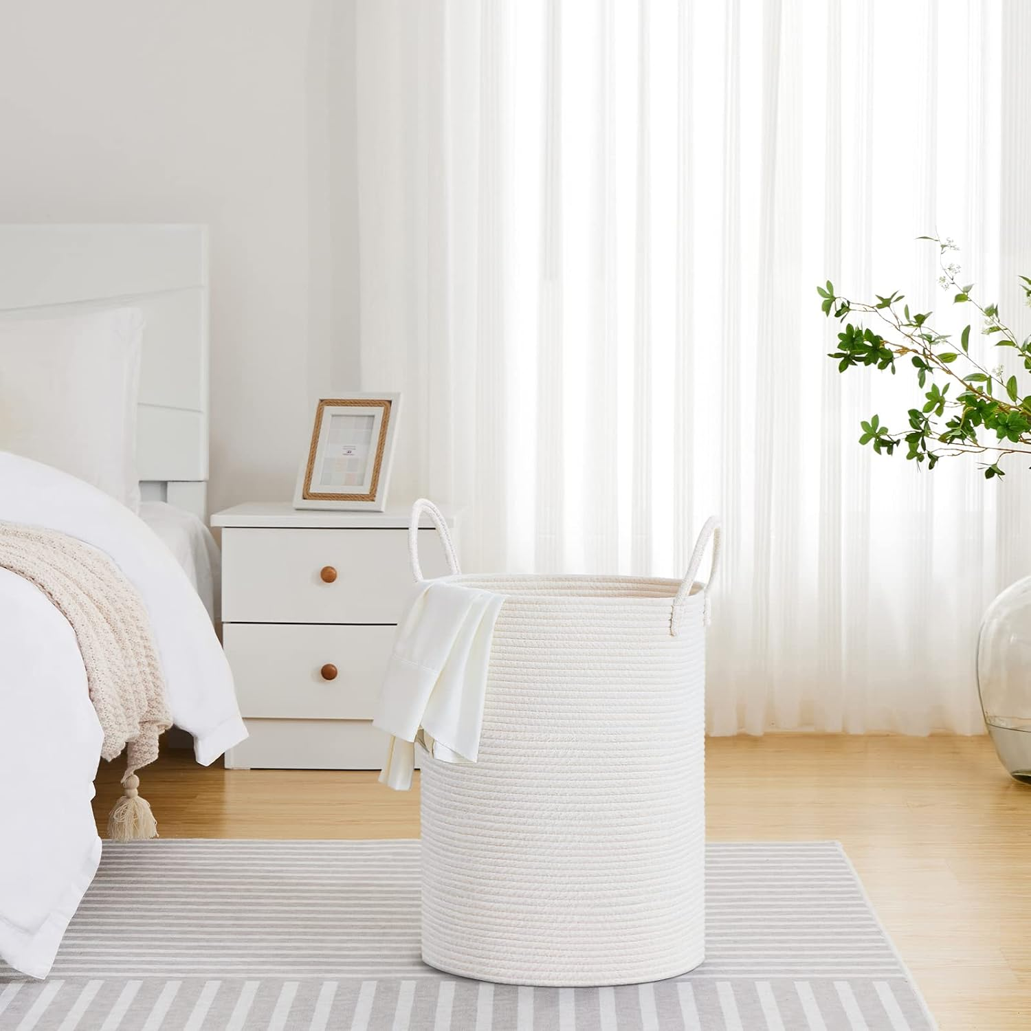 VIPOSCO Large Laundry Hamper, Tall Woven Rope Storage Basket for Blanket, Toys, Dirty Clothes in Living Room, Bathroom, Bedroom - 58L White image number 2