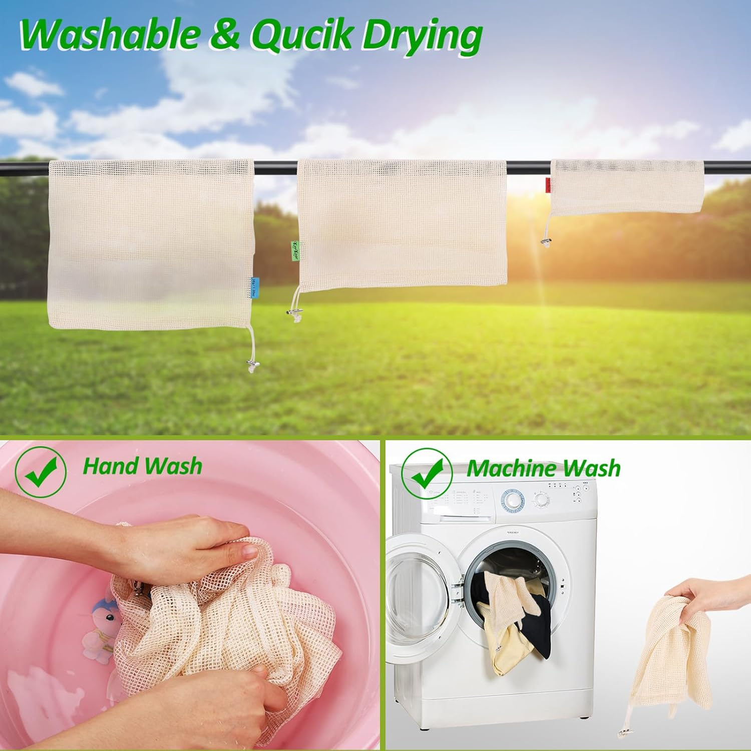 Reusable Cotton Mesh Produce Bags -Biodegradable Washable Eco-Friendly Premium See through Lightweight Net-Zero Bulk Bags for Veggie Fruit Vegetable Toys Grocery-Supermarket Shopping Storage Set of 9 image number 1