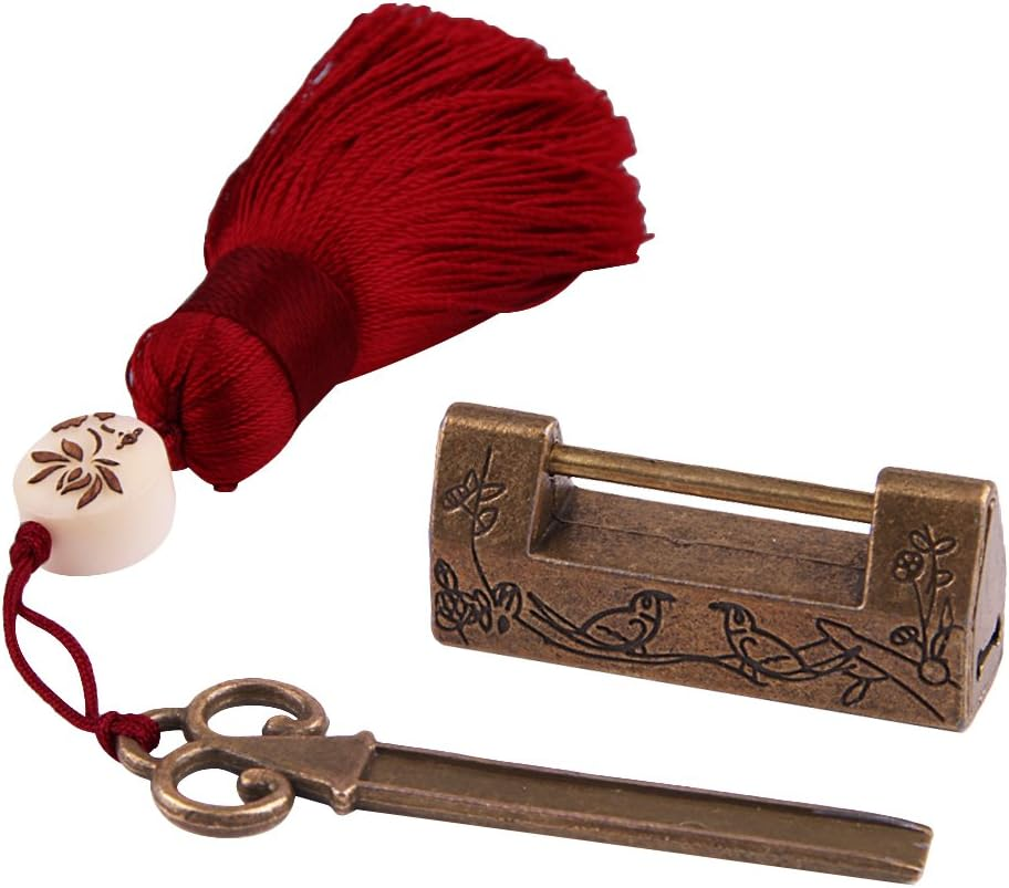 GTHER Small Vintage Carved Flower Bird Padlock Decorative Lock with Key for Jewelry Box Drawer