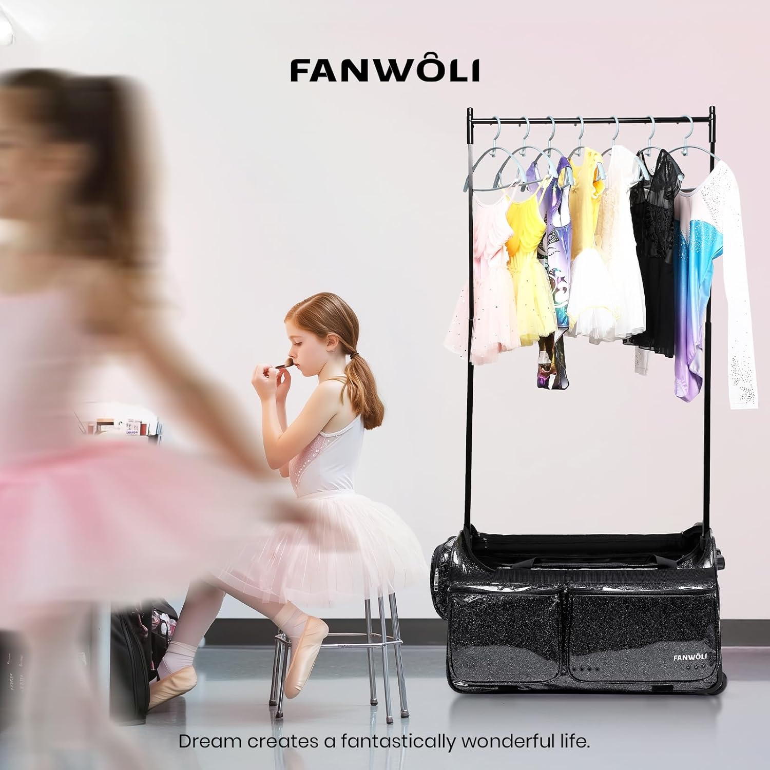 Fanwoli 28" Dance Bag with Garment Rack | Upgraded Stable System & Fabric | More Lightweight & Wear-Resistant | Ideal Competition Rolling Duffle Bag, Black, 28-Inch, Waterproof Sparkling Fabric