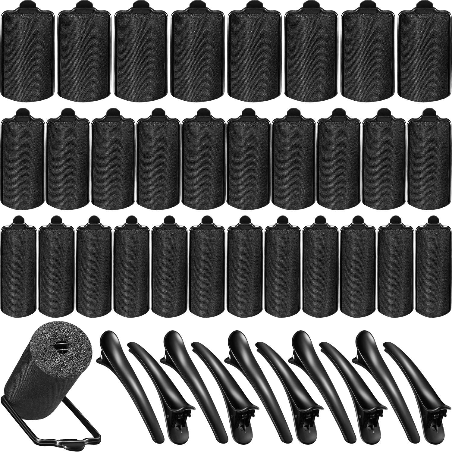 40 Pieces Sponge Hair Rollers Satin Rollers Silk Foam Rollers Women Hair Curlers with Duck Teeth Clips for Hairdressing Styling(Multi-Size,Black)