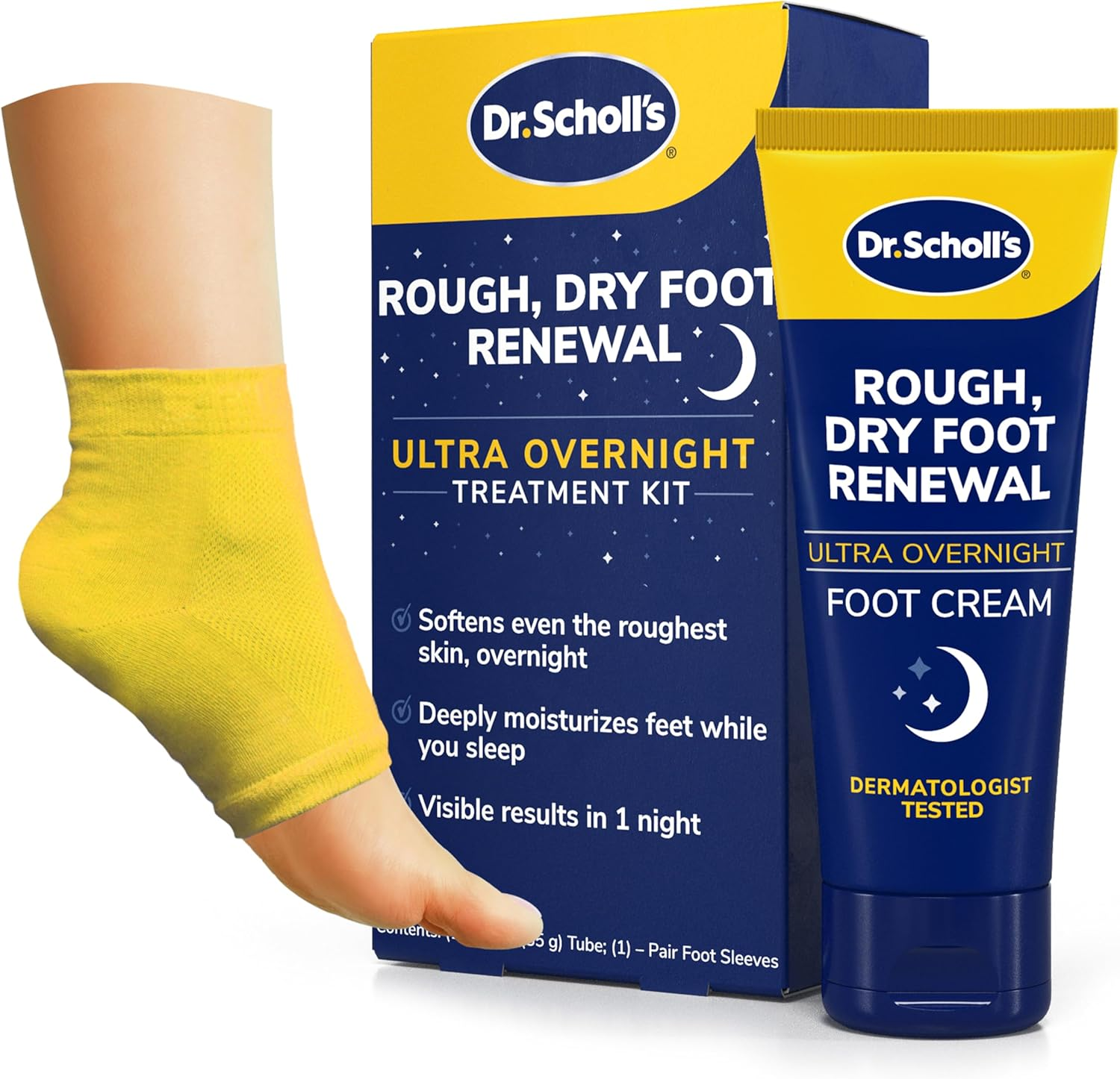Dr. Scholl'S Rough, Dry Foot Renewal Ultra Overnight Treatment with Overnight Foot Cream 3Oz with Aloe, Coconut Oil & Urea and Heel Sleeve Socks, Deeply Moisturize & Soften Feet, Dermatologist Tested image number 4