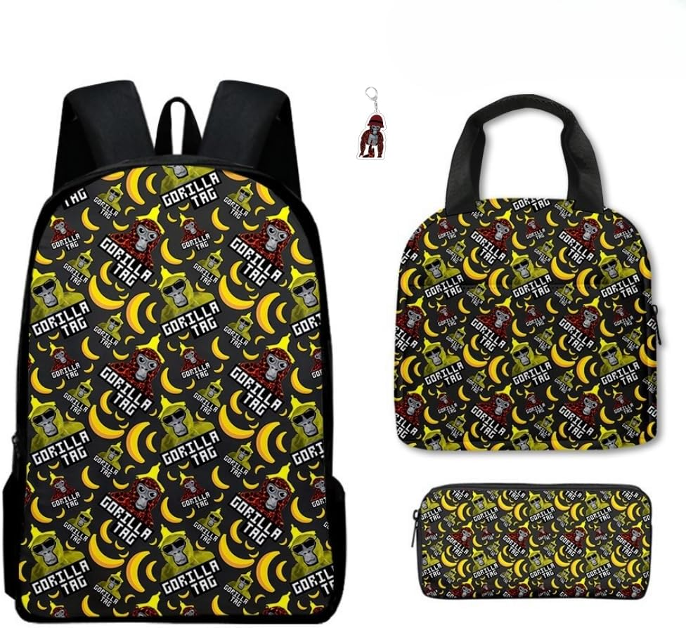 3Pcs Anime Gorilla Backpack Set,16In 3D Printed Cartoon School Bags for Elementary and Middle School Students and Game Fans Teens Birthday Gift.
