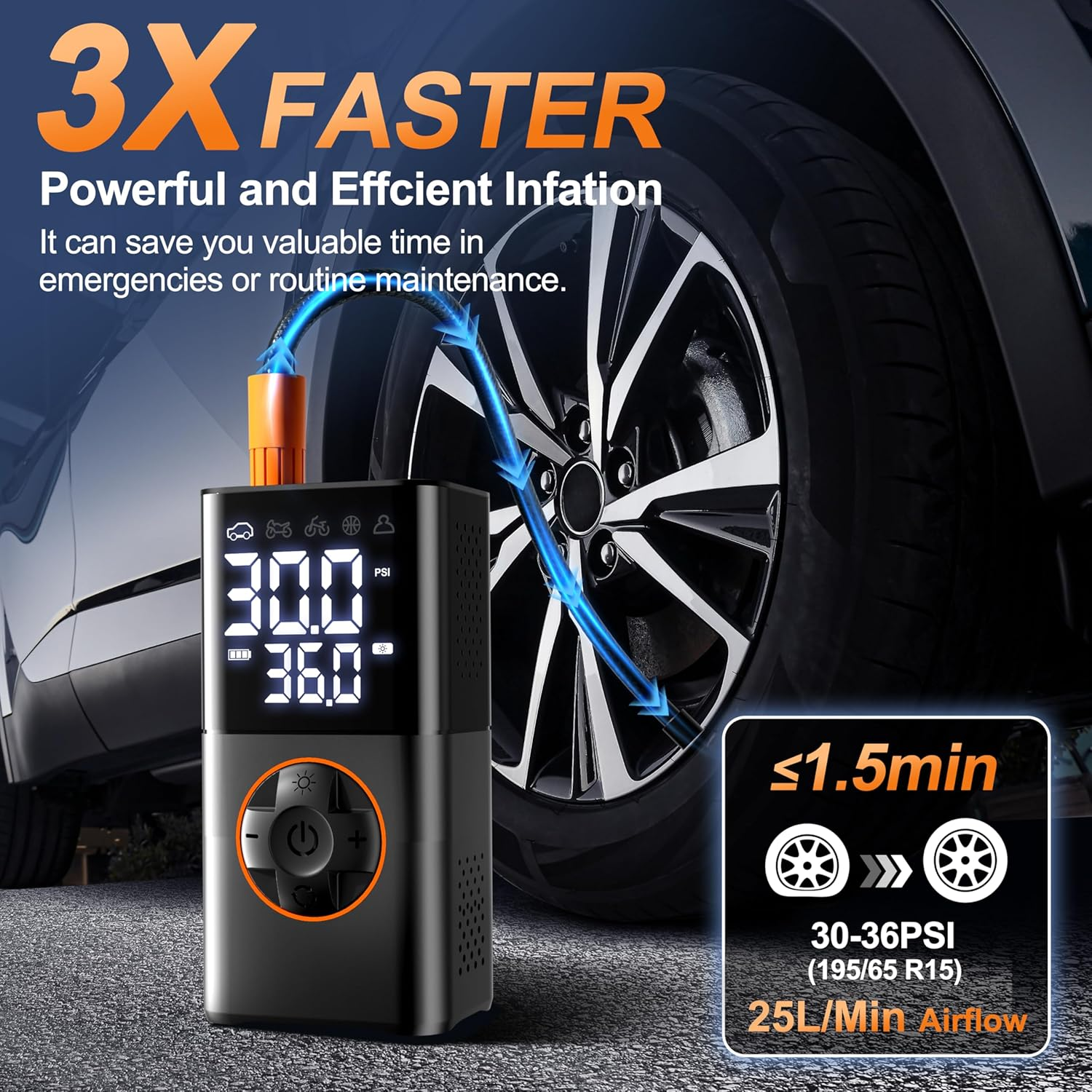 Mxcasoxz Tire Inflator Portable Air Compressor,Cordless Bike Pump with Digital Dual Values Display/Led Lights/Storage Pouch/Auto Shut-Off Function, 150 PSI Air Pump for Cars, Motorcycles, Bikes, Balls image number 4