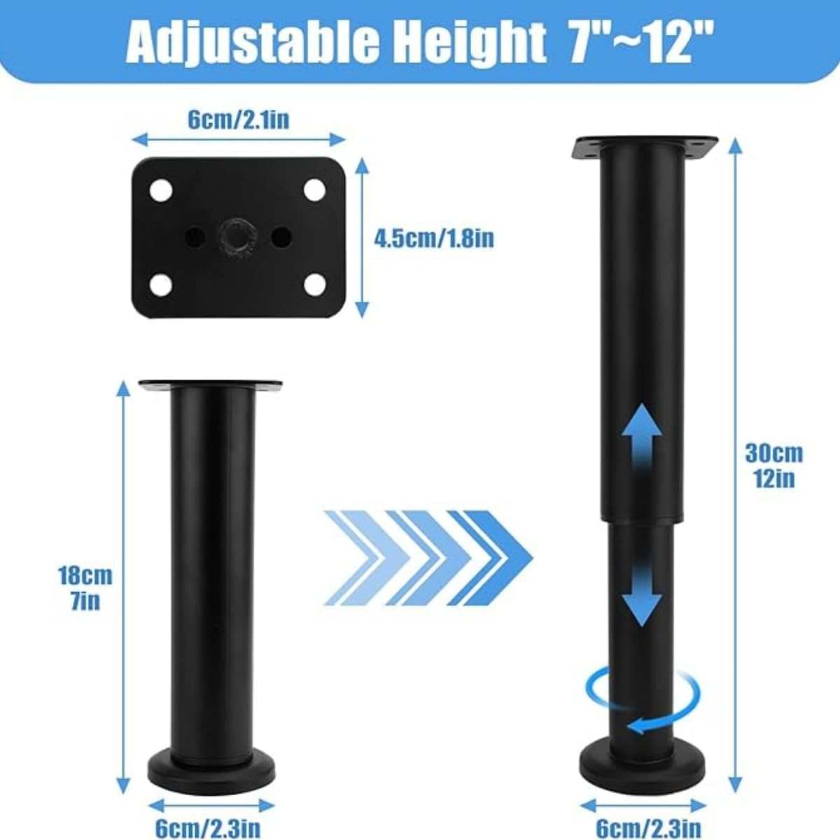 2-Piece Bed Support Legs - Adjustable Metal Furniture Legs 18-30Cm for Bed, Sofa, Cabinet, Couch, Dresser, Table image number 2