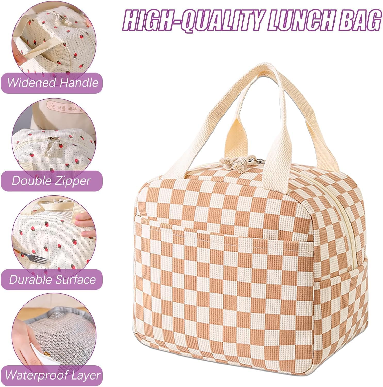 Lylilidy Insulated Lunch Bag Women, Large Pack Lunch Bags, Lunch Bags Cooler Tote for Kids, Leakproof Ladies Bento Bag for Work, School, Picnic(Coffee Check) image number 4