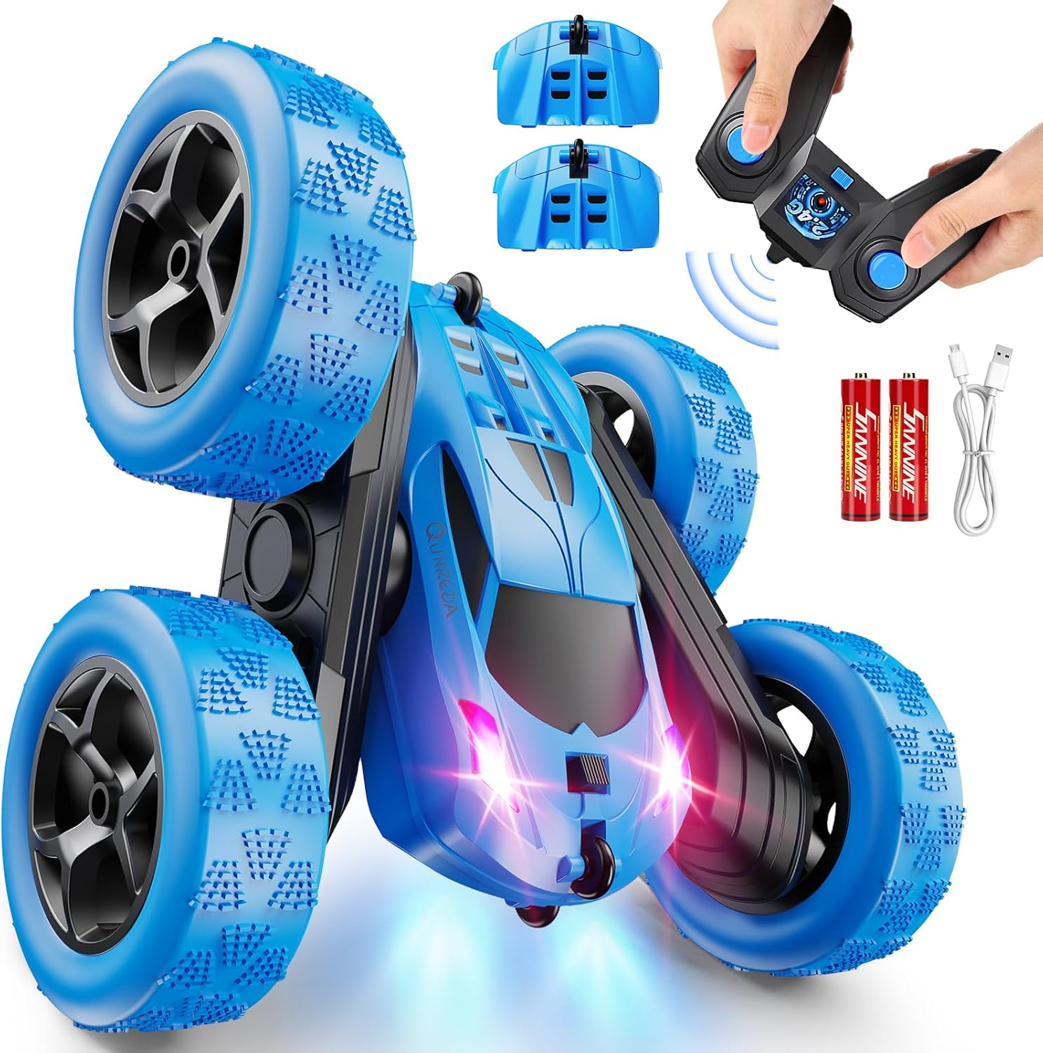 QUNREDA Remote Control Car, RC Cars Toys for Kids Ages 6-12, 4WD Stunt Car with LED Lights & 360&deg; Flips, 2.4Ghz, Upgraded USB-C Modular Batteries, Ideal Birthday Gift 8-10 Year Old Boys Blue