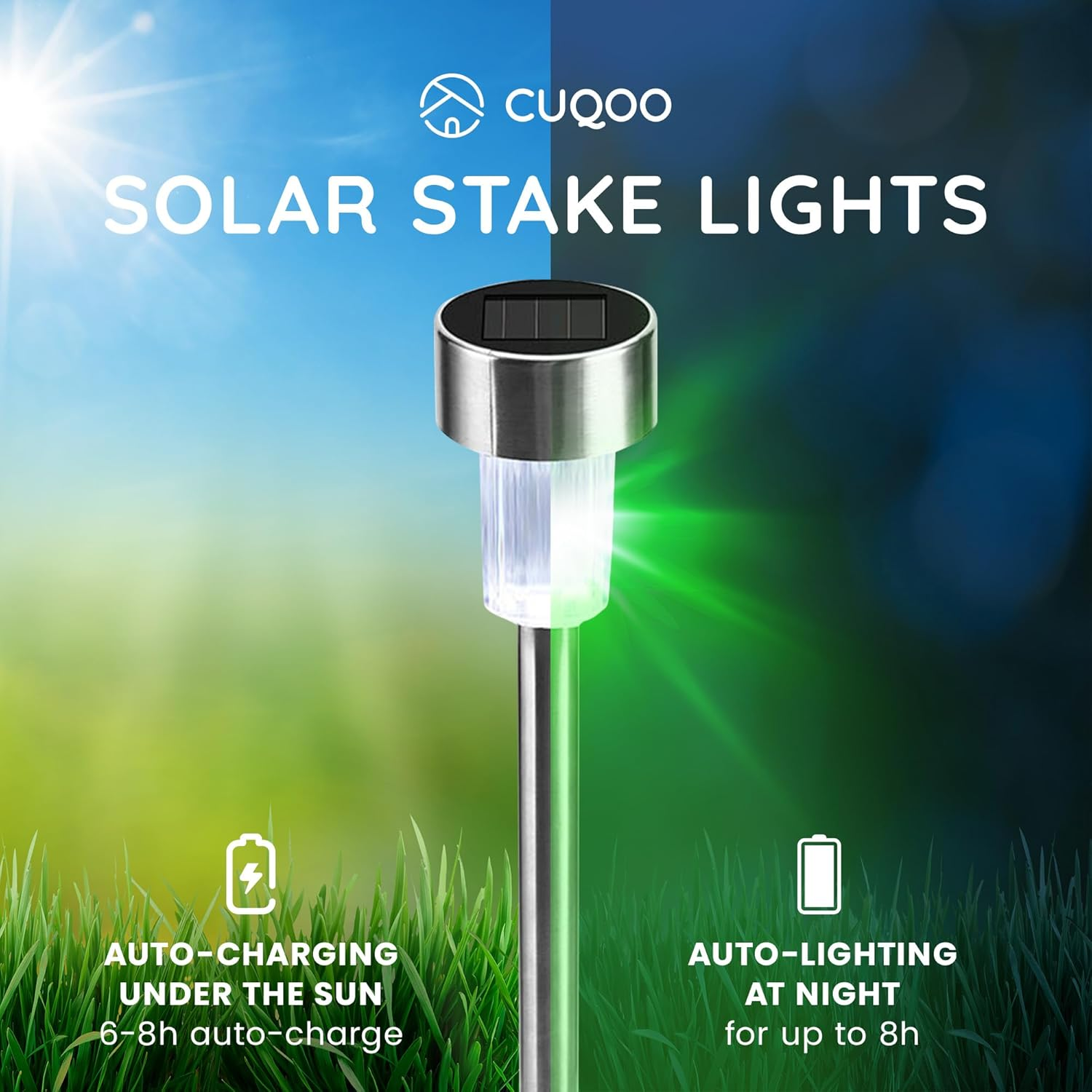 10 X CUQOO Colour Changing Solar Garden Stake Lights - Rechargeable LED Solar Powered Garden Lights - Waterproof Outdoor Lamps - Stainless Steel Outdoor Solar Lights for Garden, Pathway Lighting image number 5