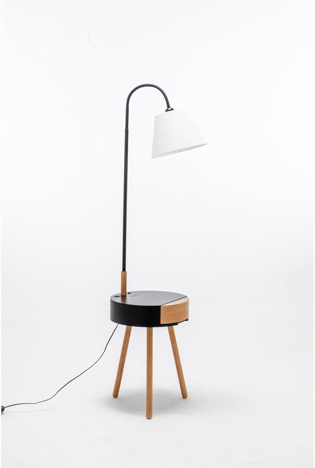 New Oriental Rubberwood Floor Lamp with Shade and Wireless Charger Shelf Storage Drawer, Natural/Matte Black image number 6