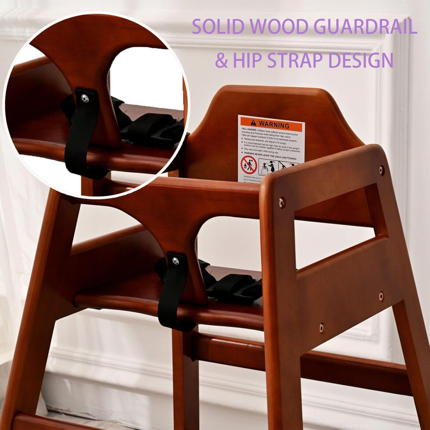 Kapeicamper Wooden High Chair for Toddlers, Portable Baby Feeding Chair with Adjustable Straps, Natural Pine High Chair, Highchair for Dining Room, Kitchen (Walnut) - Natural image number 7