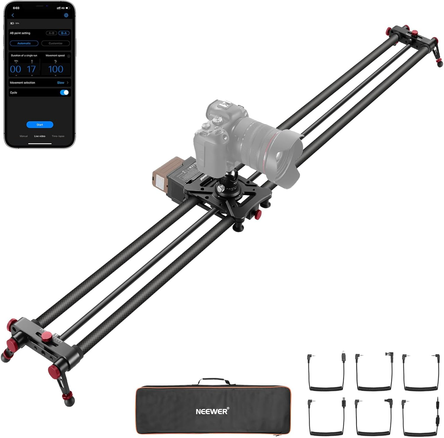 NEEWER 47.2"/120Cm Motorized Camera Slider, App Wireless Control DSLR Carbon Fiber Dolly Rail Slider with 4400Mah F750 Battery (Charger Not Included), Support Video Mode, Time Lapse Photography, ER1 image number 4