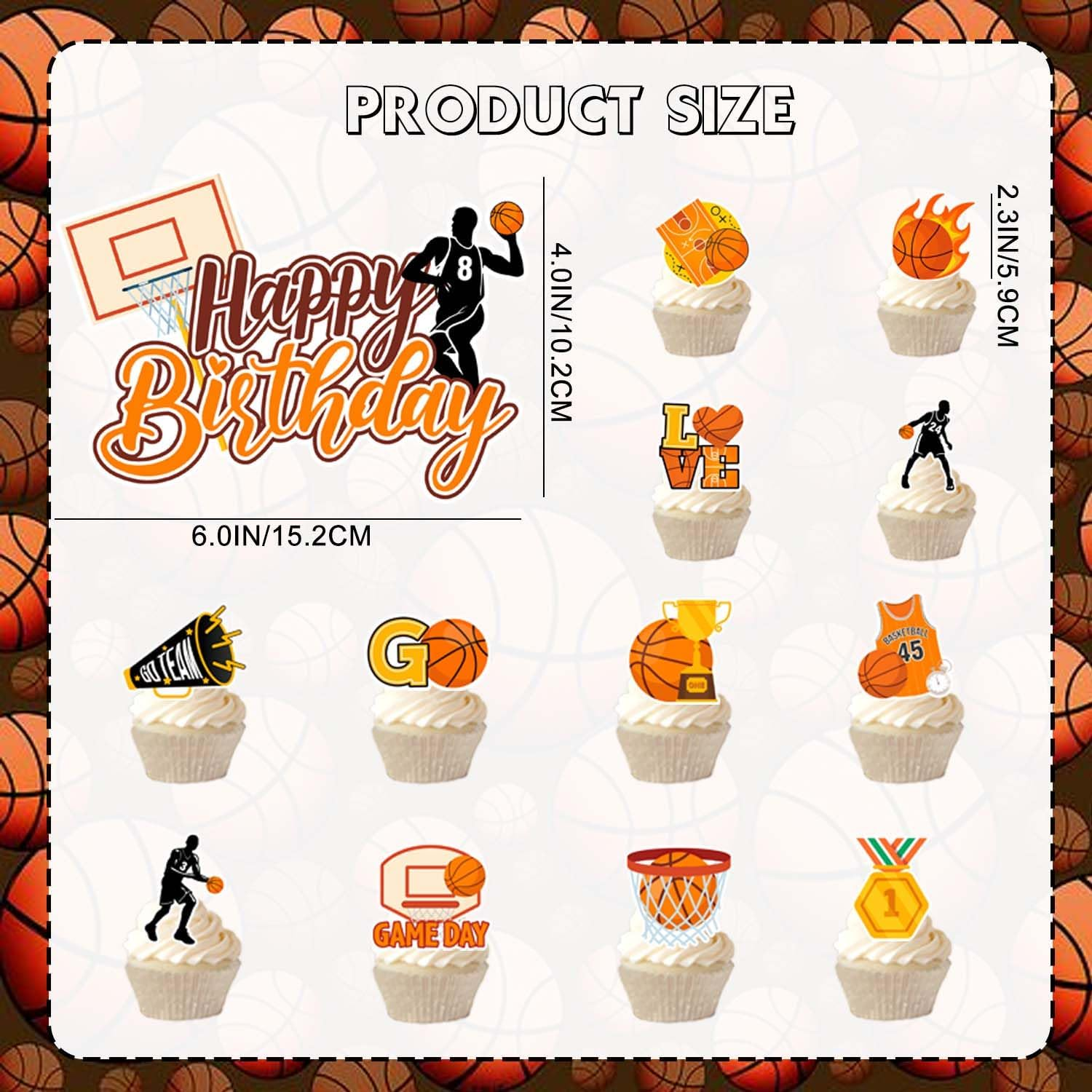 Basketball Cake Topper, 24 Pcs Basketball Cupcake Toppers/Party Cupcake Toppers & 1 Pcs Cake Decorations/Birthday Cake Topper for Party Decorations Supplies image number 2