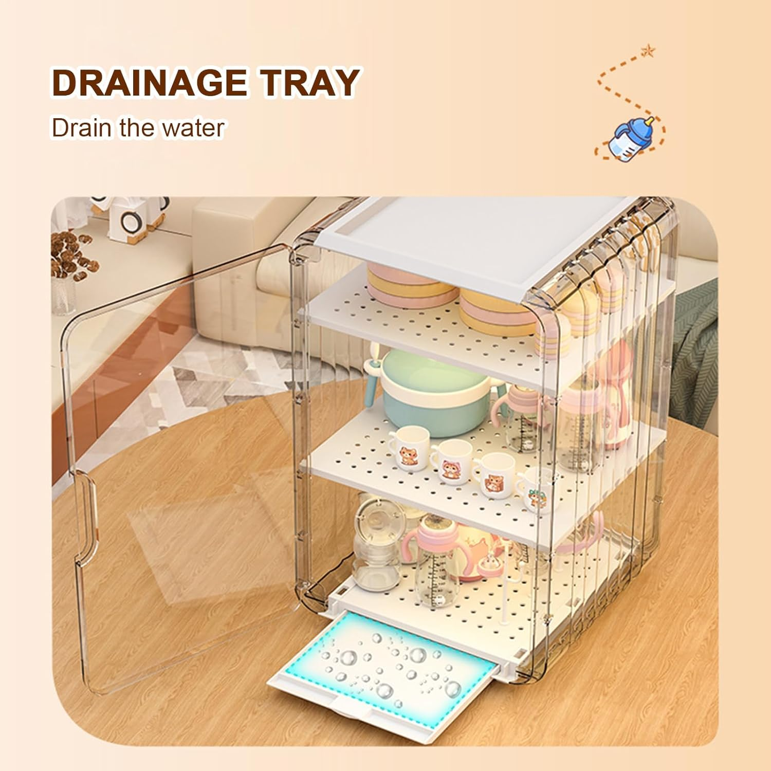 Baby Bottle Organizer Storage Drawer, 3/4 Floors Toddler Supplies Organizer, Vertical Dustproof Cups Holder with Door, Water Tray at the Bottom, Removable Independent Compartment, for Nursery image number 4