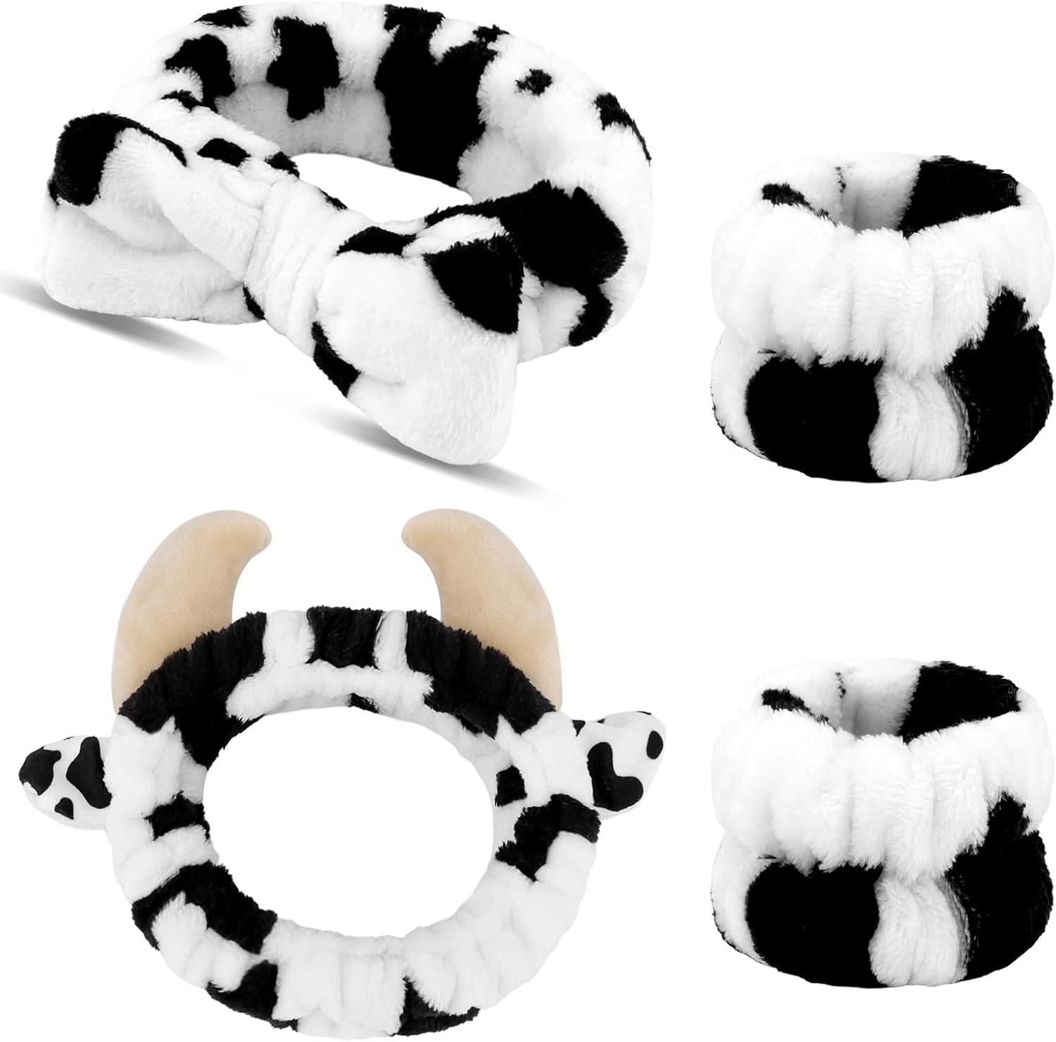 Canitor Cow Print Spa Headband and Wrist Bands Kit for Washing Face Soft Makeup Headband Cute Cow Ears Skincare Headband Wristband Set Stuff Gifts for Women Girls