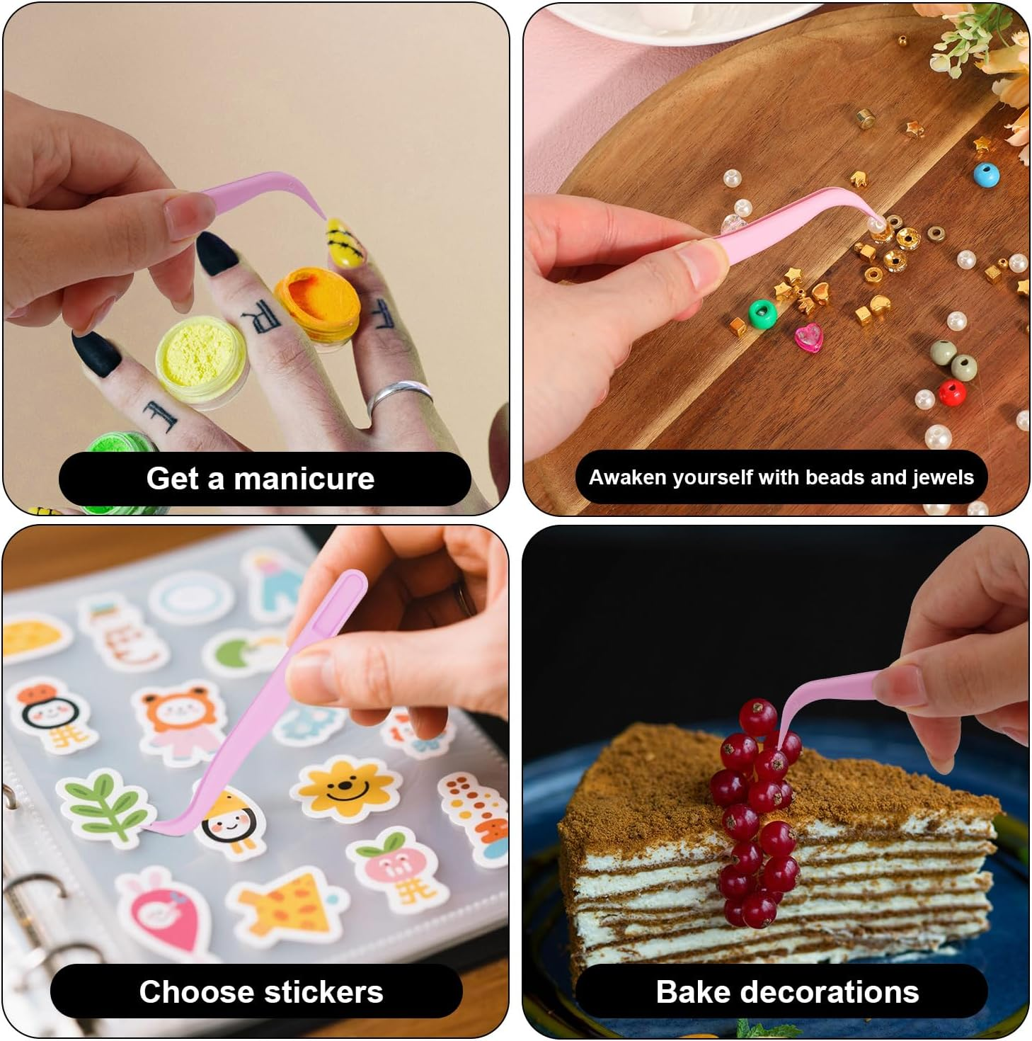 12Pcs Plastic Tweezers, 11.5Cm/4.5In Non-Slip Grip Bent Tip Jewelry Tweezers Crafts Baking Decorations & Reptile Feeding for DIY Jewelry Making Kids (Pink)