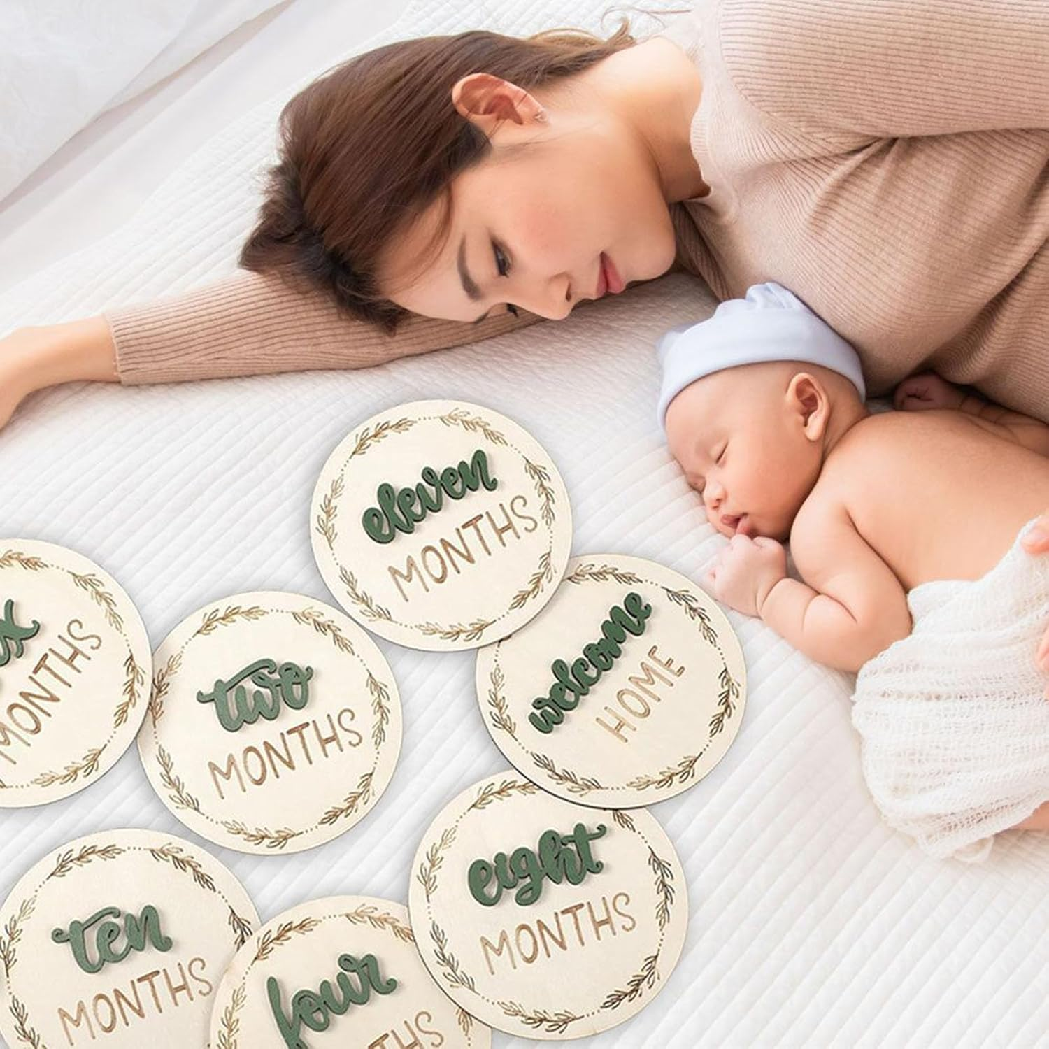 Baby Growth Cards | Seven Pieces Double-Sided Baby Advertisement Tags &ndash; Wooden Baby Growth Tags Reusable Home Decorations for Photography image number 1