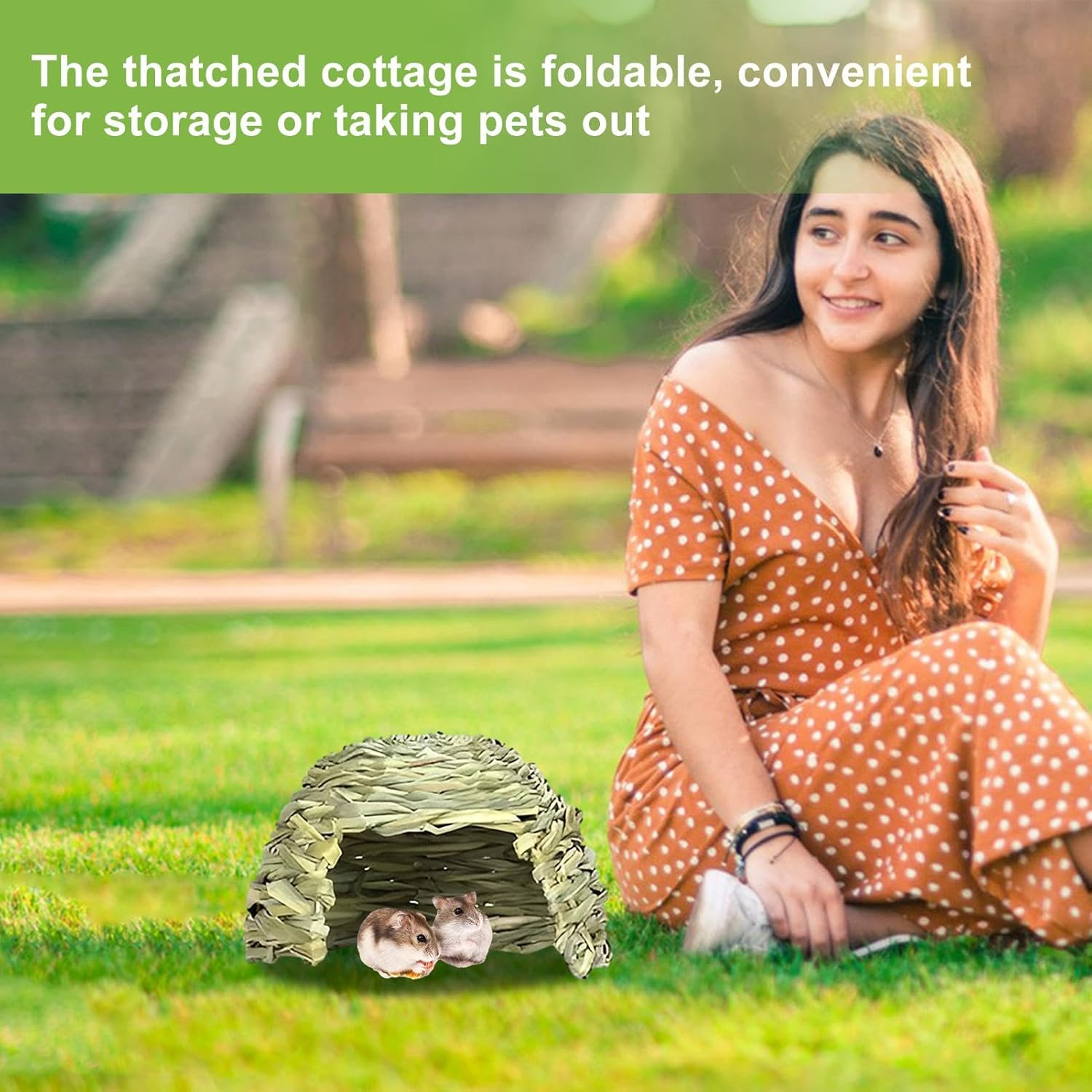 Foldable Grass Woven Animal Hut - Beds Guinea Pigs Hideouts, Grass House for Rabbits | Small Bunny House Hideaway, Hay Bed Playhouse for Chinchillas, Guinea, Hamsters, (Small, Medium, Large) image number 6