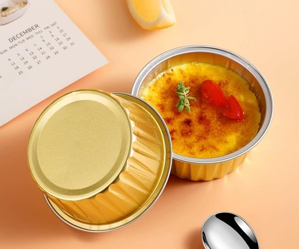 50 Pcs 5Oz Reusable Aluminum Foil Cupcake Baking Cups Mini Dessert Pudding Cups with Lid Oven Safe Baking Containers Perfect(Gold) image number 6