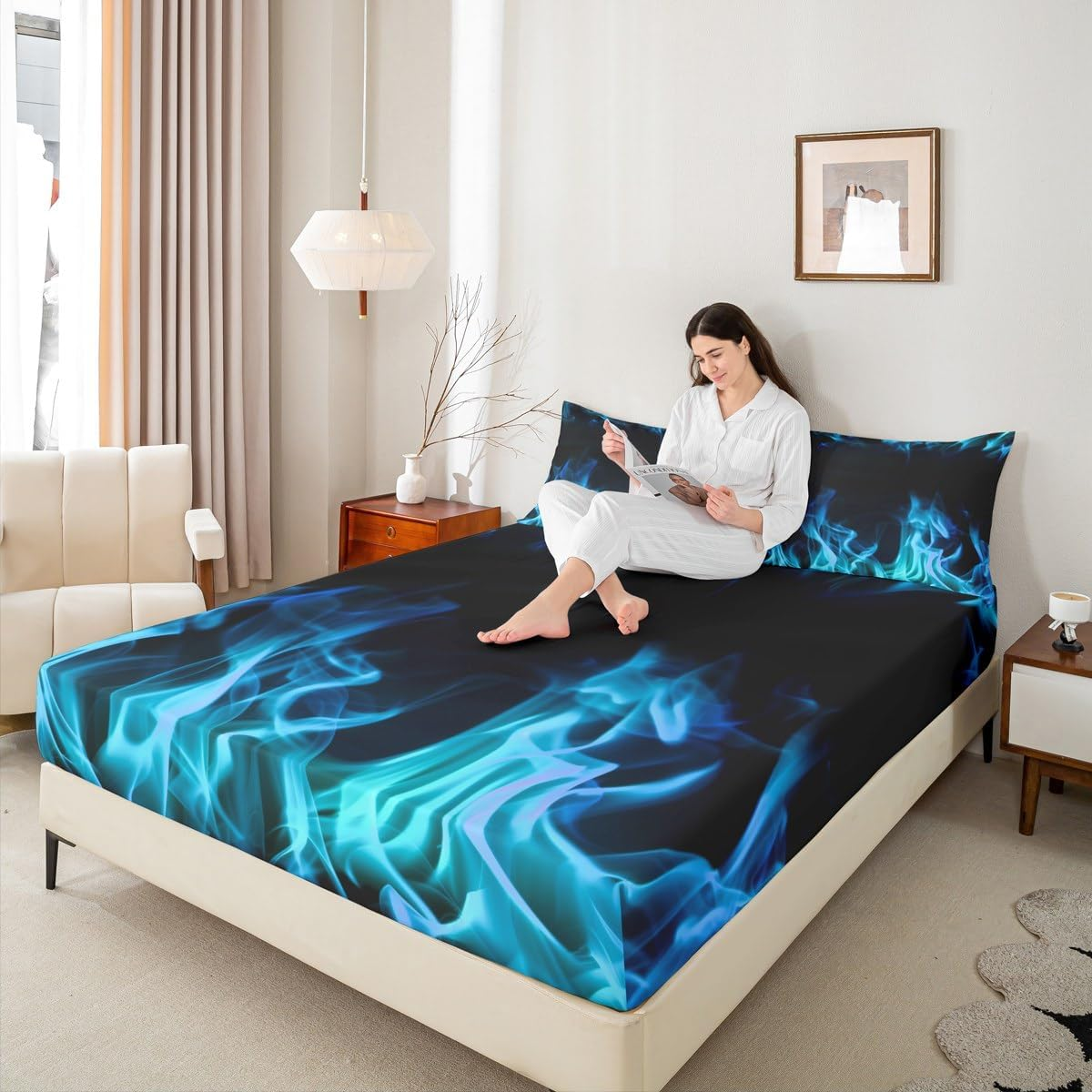 Blue Flame Bed Linen Set M Size, Cool Burning Flames Fitted Sheet Children Boys Men Teens Room Decor, Modern Fashion Comforter Cover Soft Black Deep Pocket Sheet, 1 Pillowcase image number 1