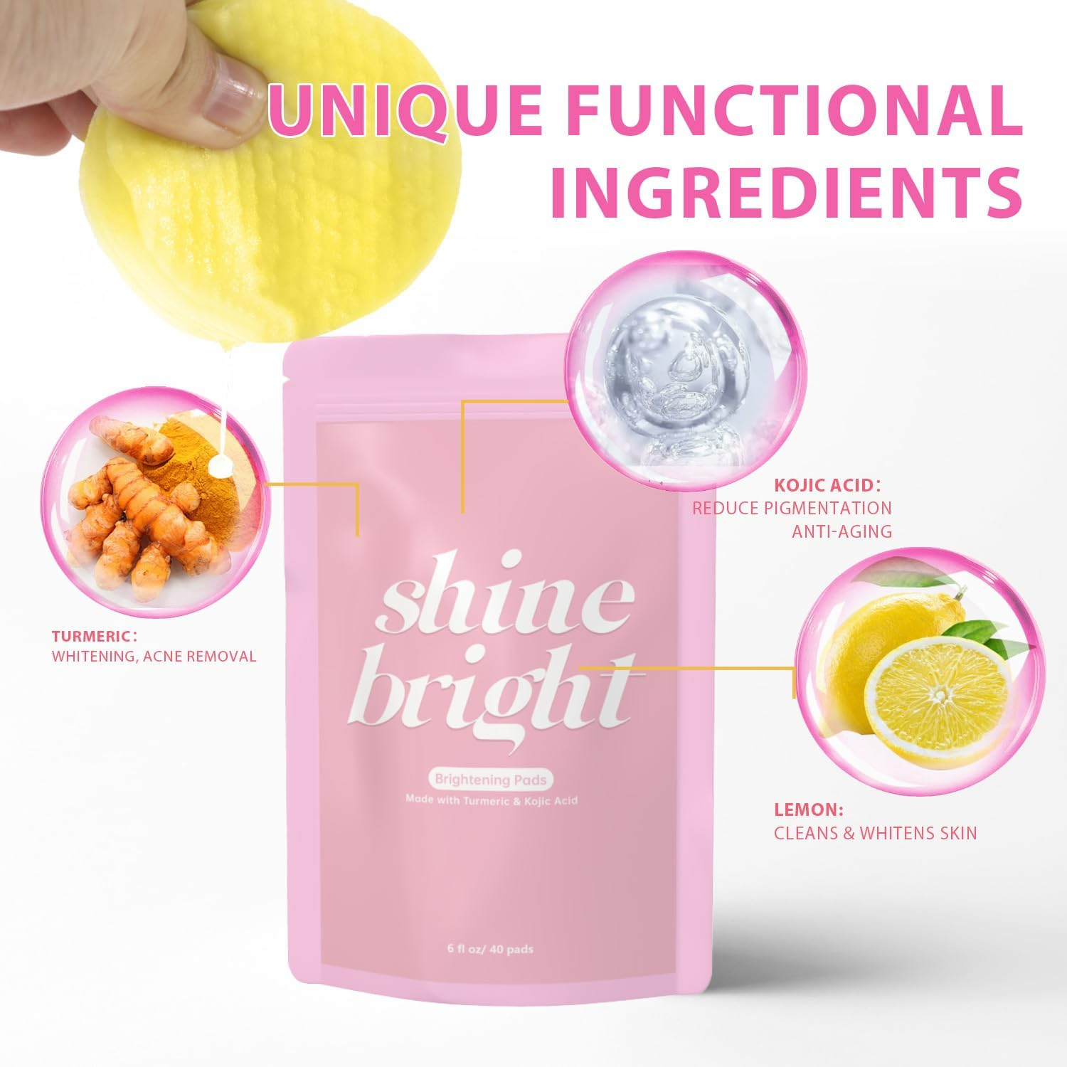 40 Pcs Kojic Acid and Turmeric Cleansing Pads,Turmeric Cleansing Pads for Dark Spots and Exfoliating, Reduce Blemishes & Dark Area,Deep Cleansing Oil Control Shrink Pore Mild Formula, for All Skin Types,100% Natural image number 3