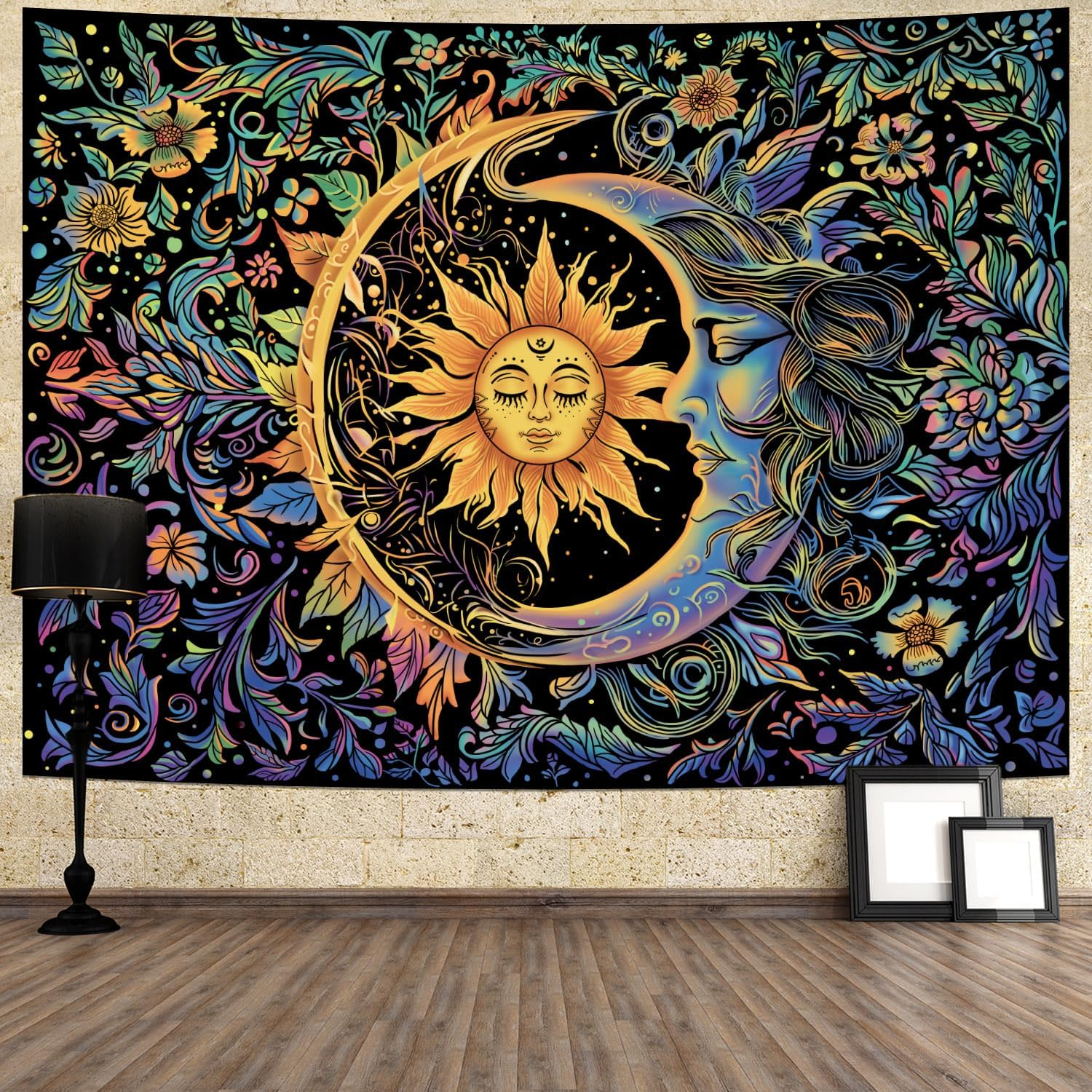 Sun and Moon Tapestry Psychedelic Mystic Floral Tapestry Hippie Boho Flower Plants Wall Tapestry Vintage Aesthetic Tapestry Wall Hanging for Bedroom image number 1