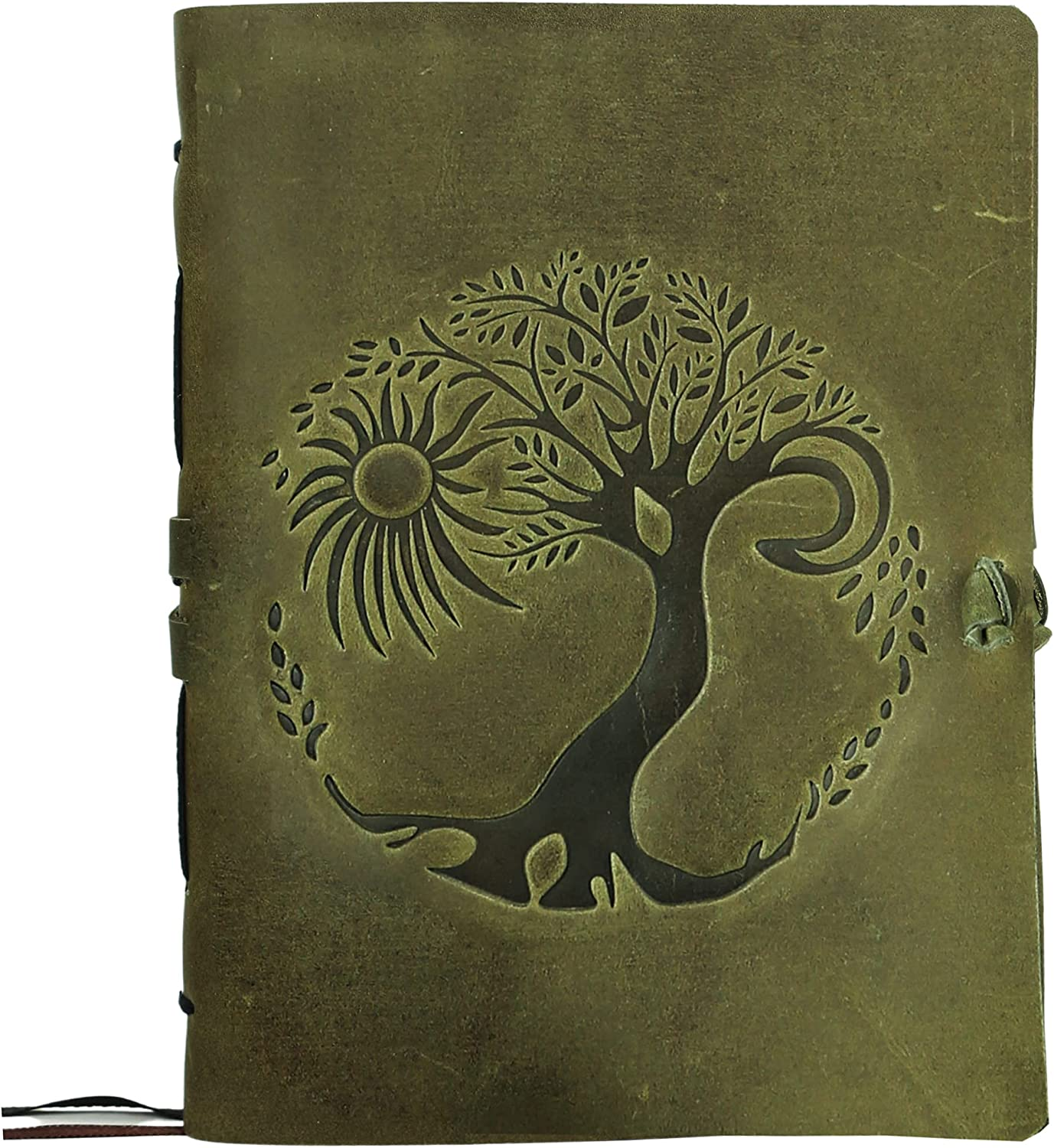 Leather Journal for Women and Men Embossed 8 X 6 Inch Handmade Lined Craft Paper Tree of Life Sun and Moon Notebook Writing Notepad Book of Shadows Journal
